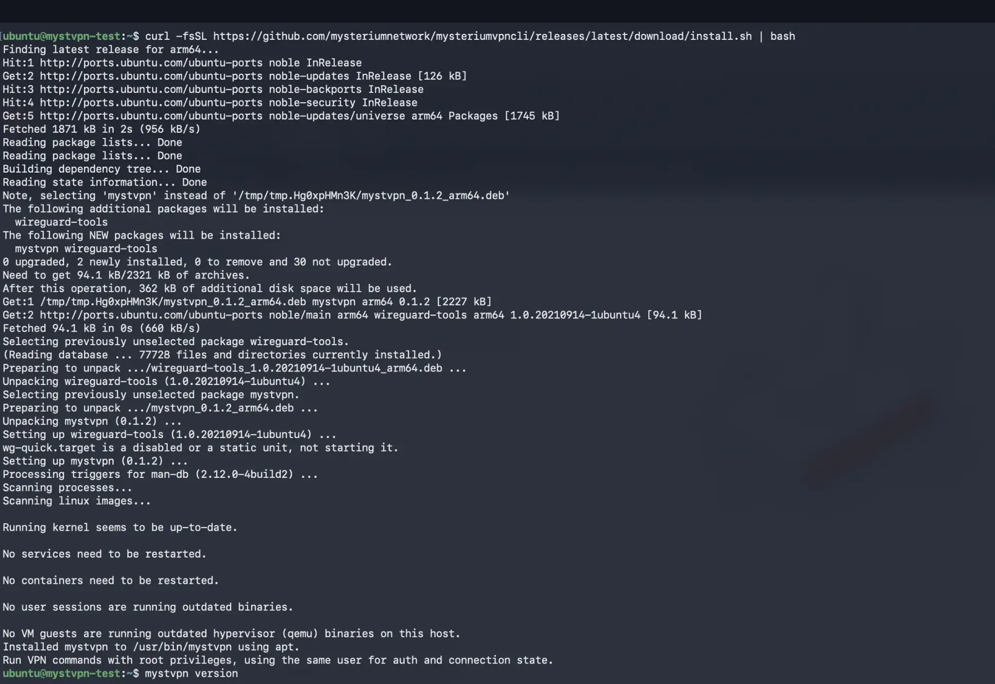 ​Automatic installation on Ubuntu ARM64: the installer installs mystvpn and wireguard-tools through apt.