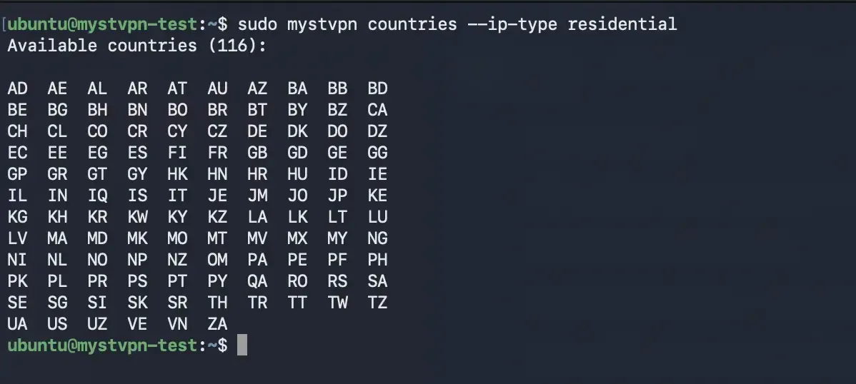 ​Residential country list captured during testing. Available countries and counts may change.