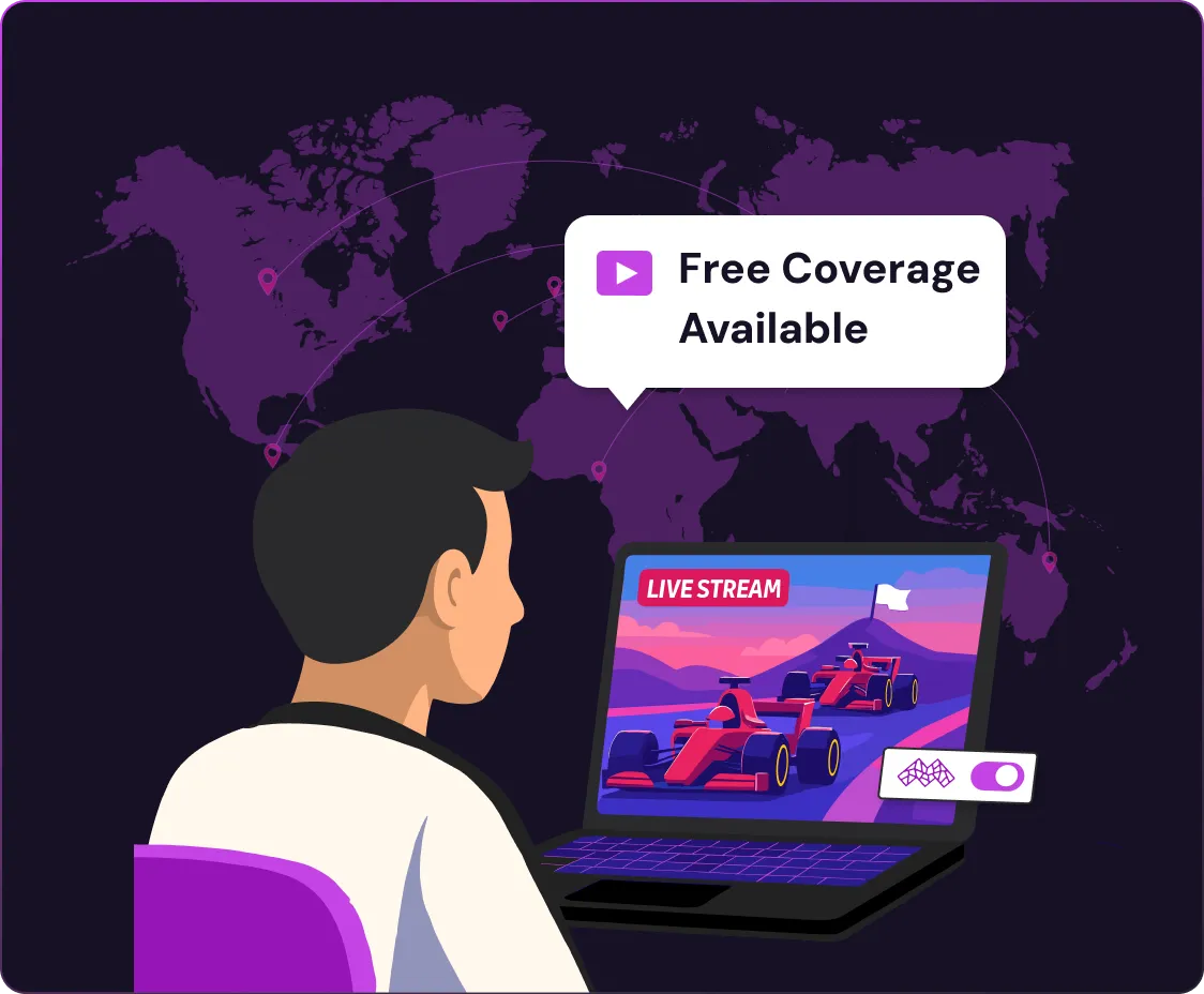 Illustration of a person streaming a live Formula 1 race on a laptop, with a world map in the background and a message saying 'Free Coverage Available'.