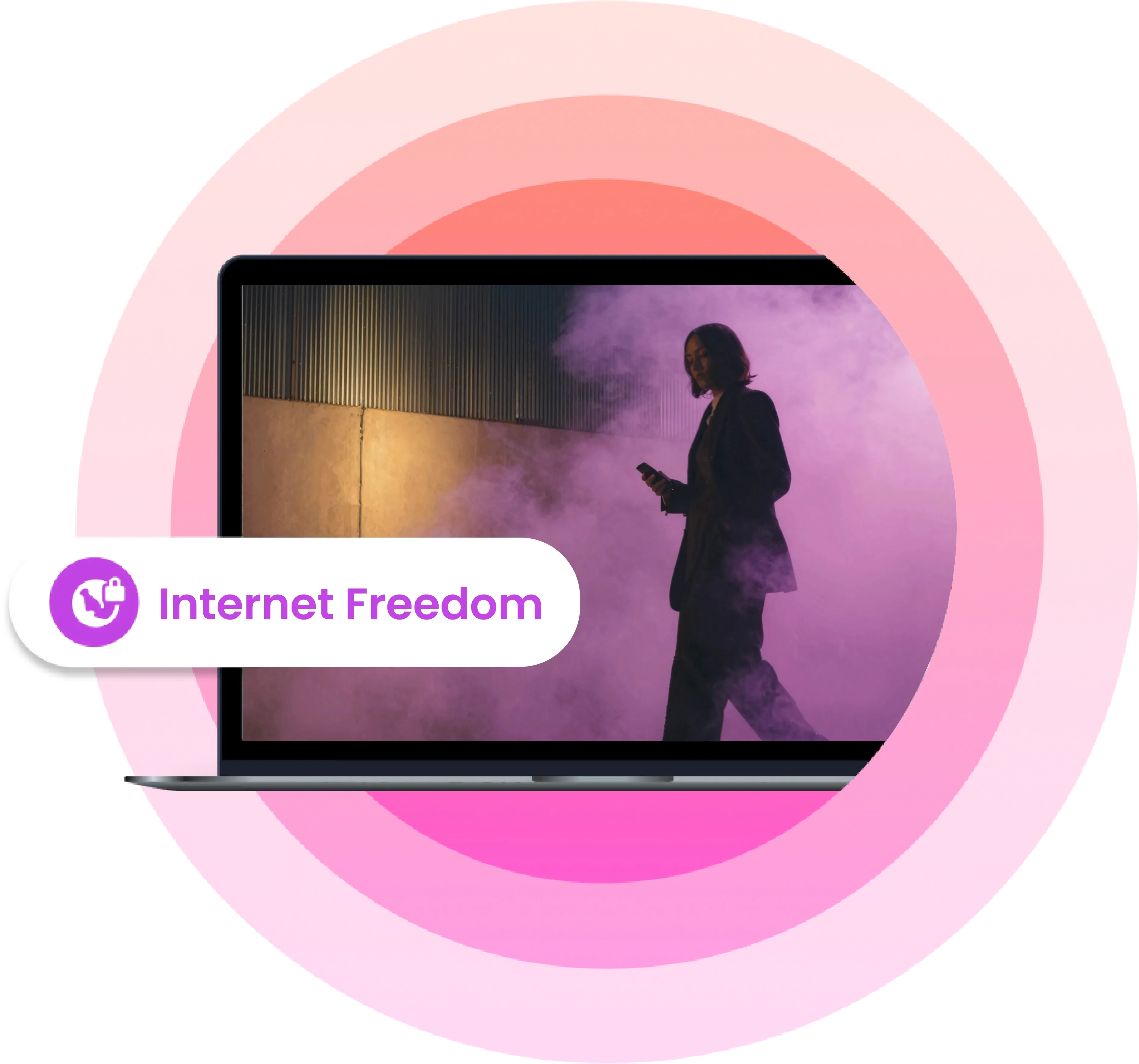 An image of a woman walking in purple smoke