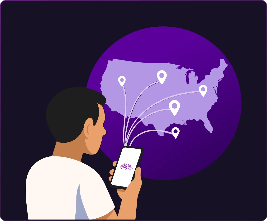 Person using a USA VPN on a smartphone to connect to different locations across the United States.