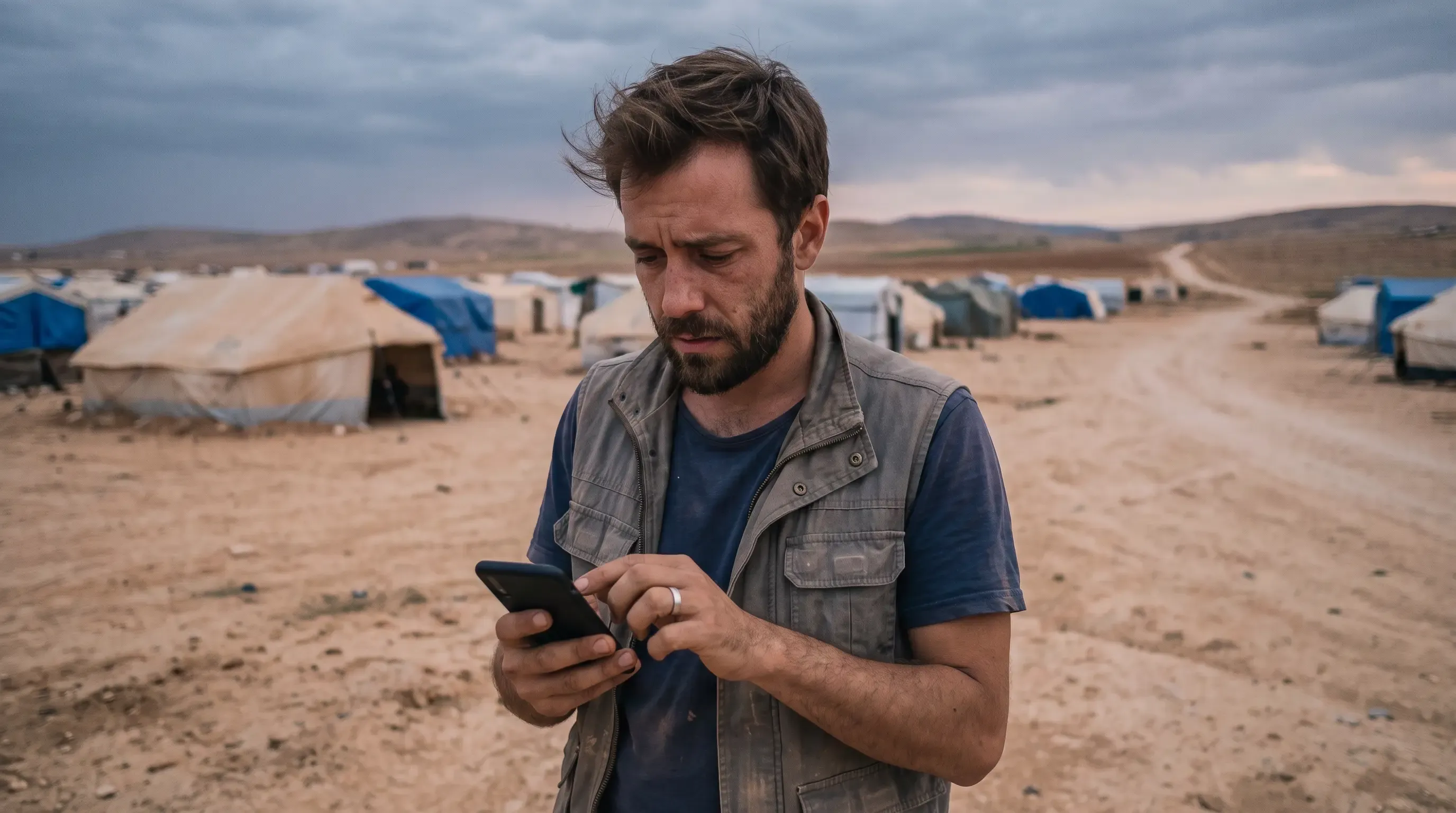 A humanitarian worker in a desert checks his phone