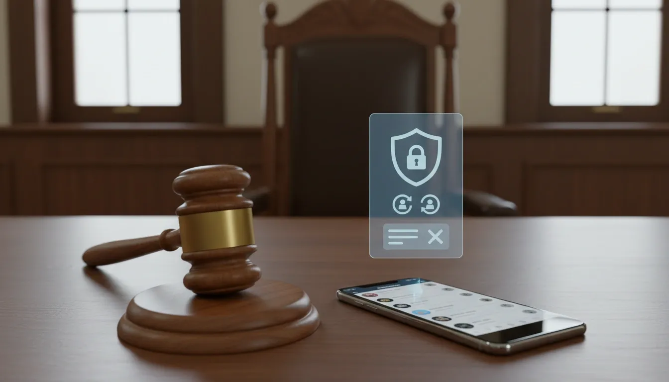 A smartphone laying on the judge's table displaying social media censorship popup