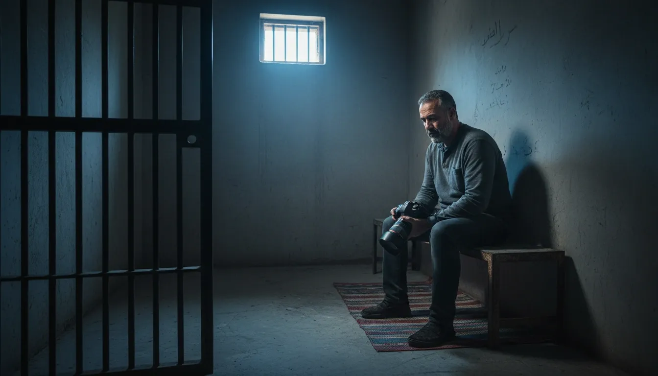 A Bahraini photographer is sitting in a jail cell holding his camera
