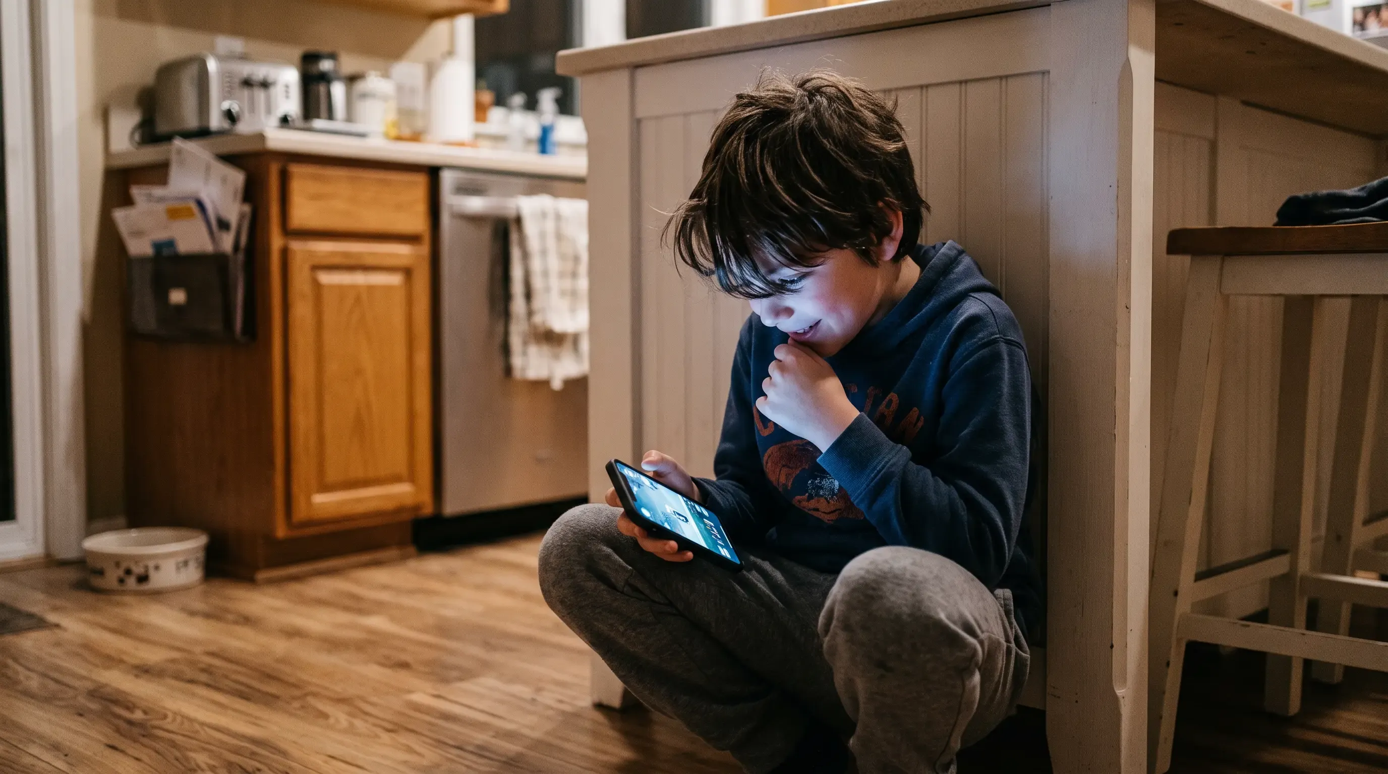 A young boy using his phone in the kitchen.