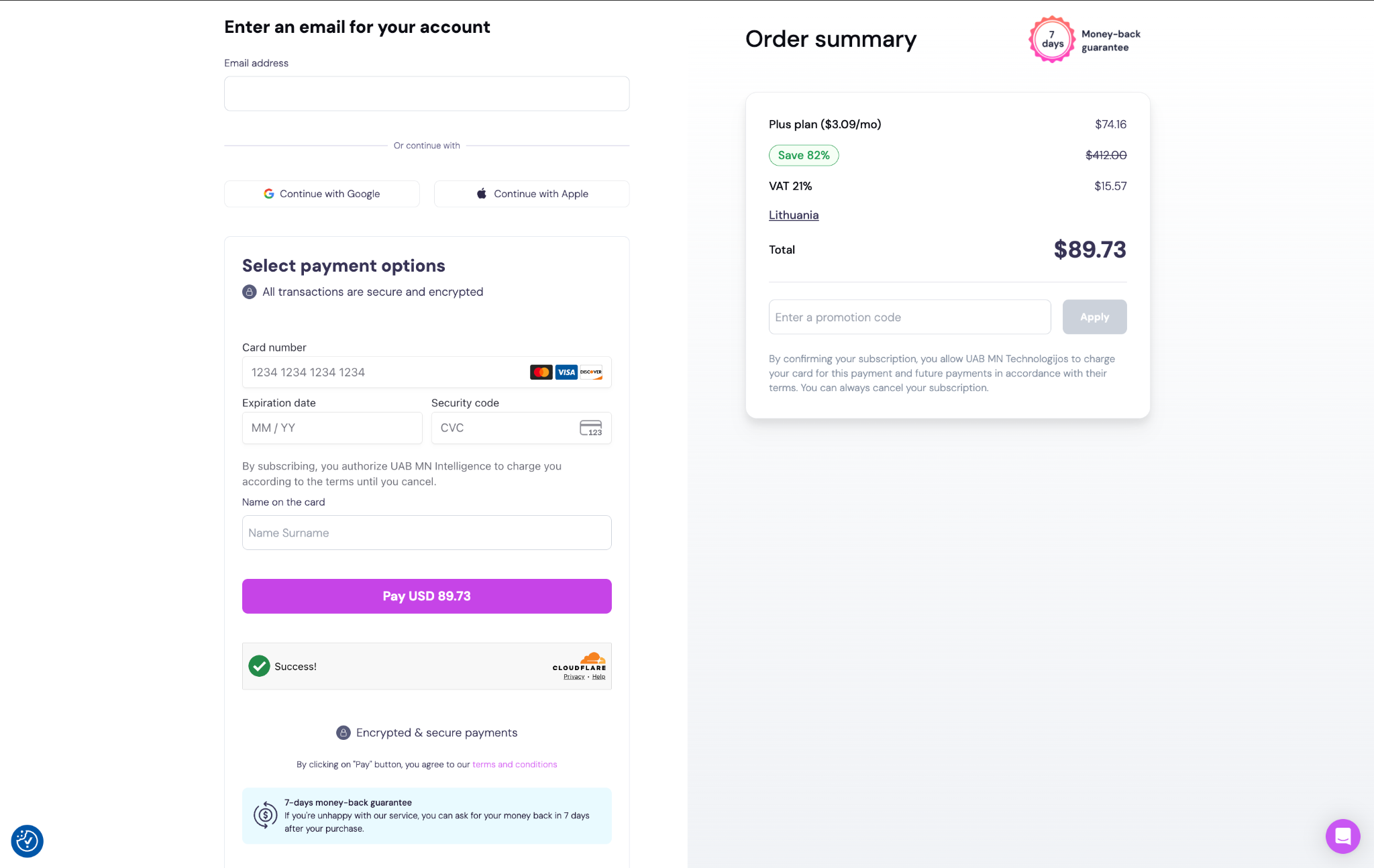A screenshot of website while buying a Mysterium VPN subscription