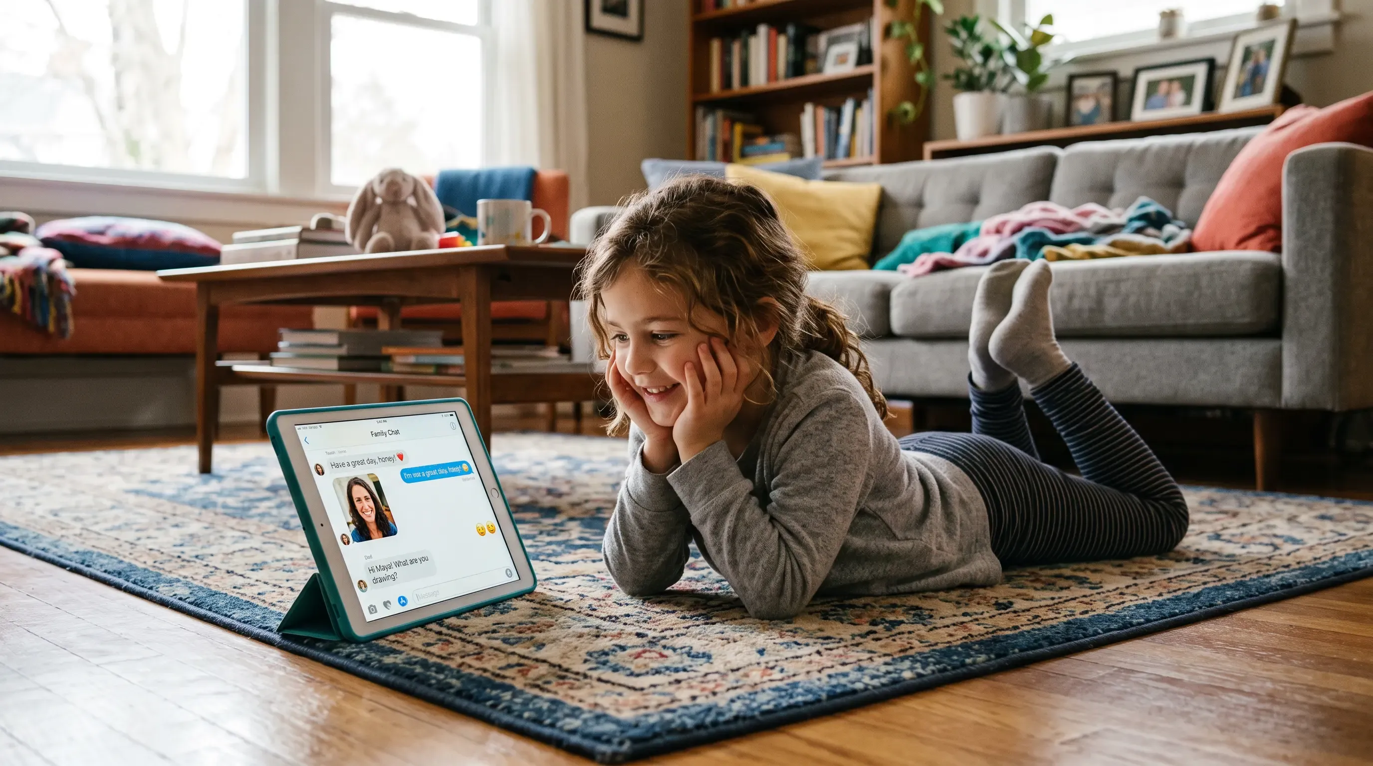 A child lying on a living room floor, looking at a chat screen on a tablet.