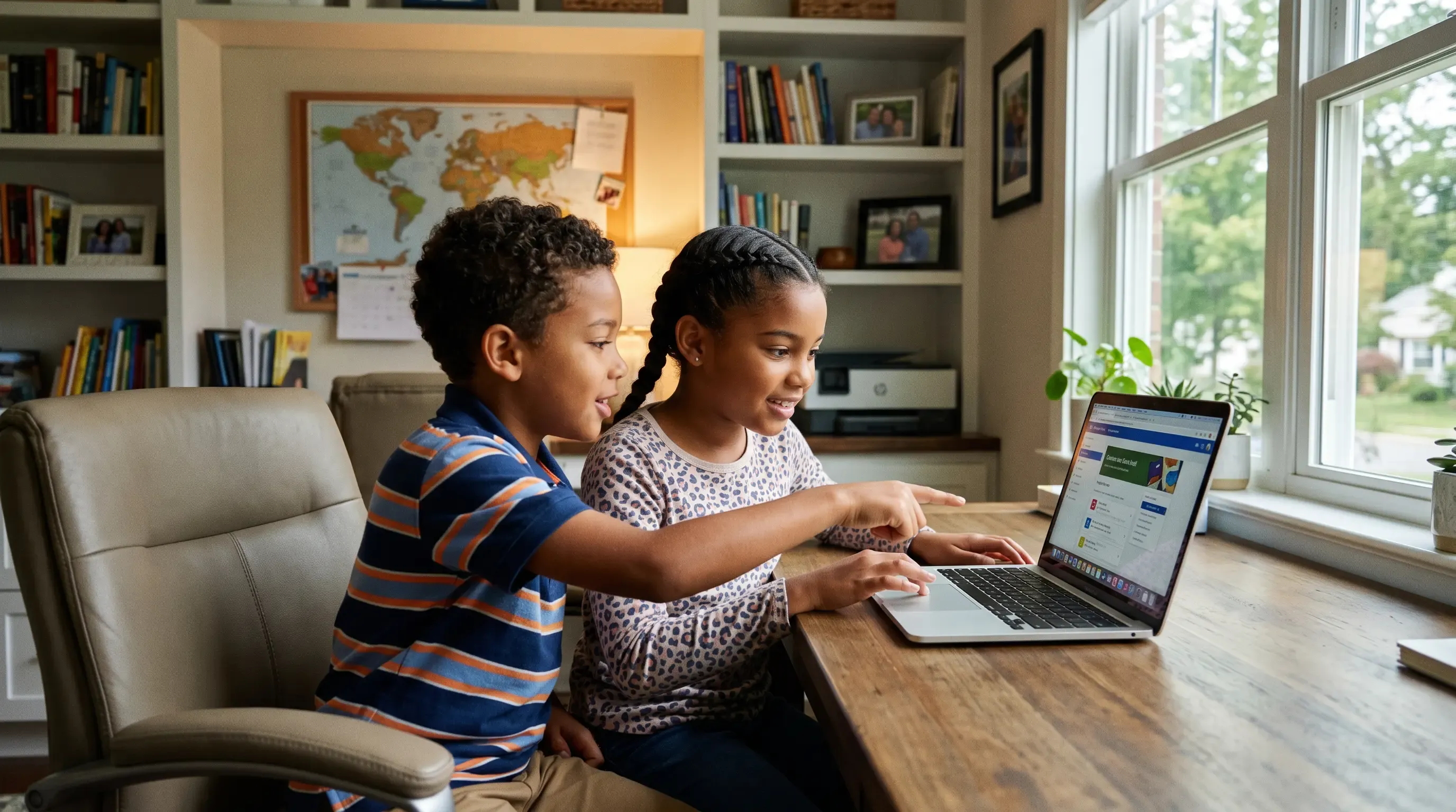 Two children using a laptop in their parents' home office.