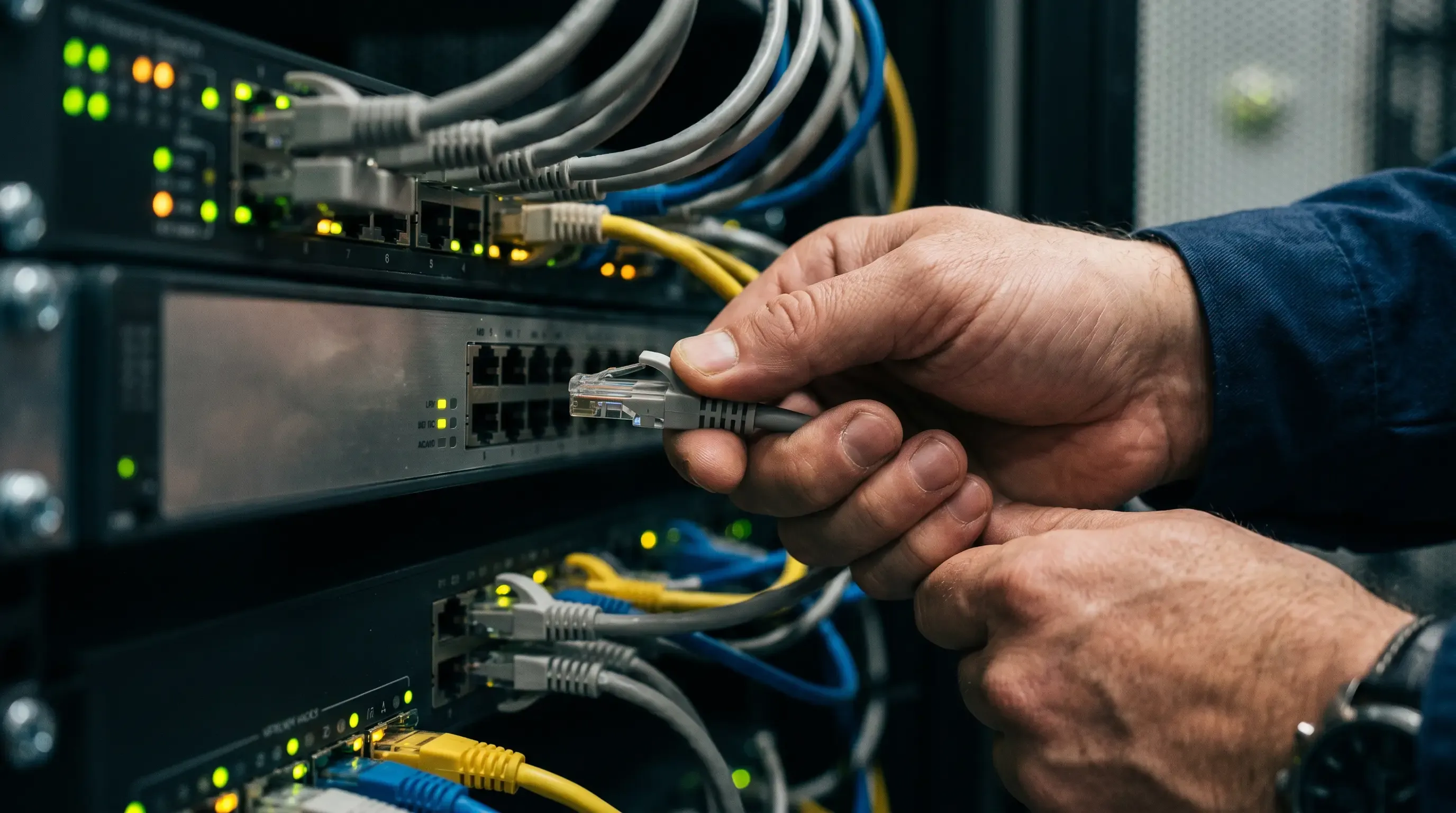 A close up image of a man's hand connecting an Ethernet cable