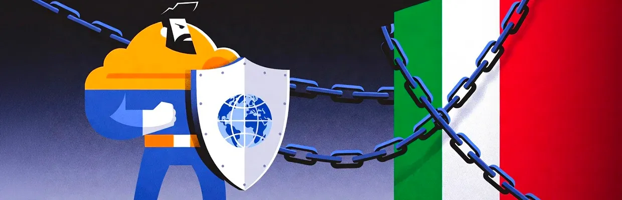 A fighter with a body resembling Cloudflare logo is holding a shield, standing against the Italy flag