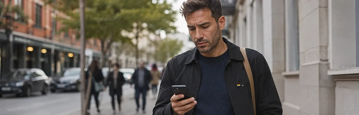 A concerned man uses his phone while walking down the street