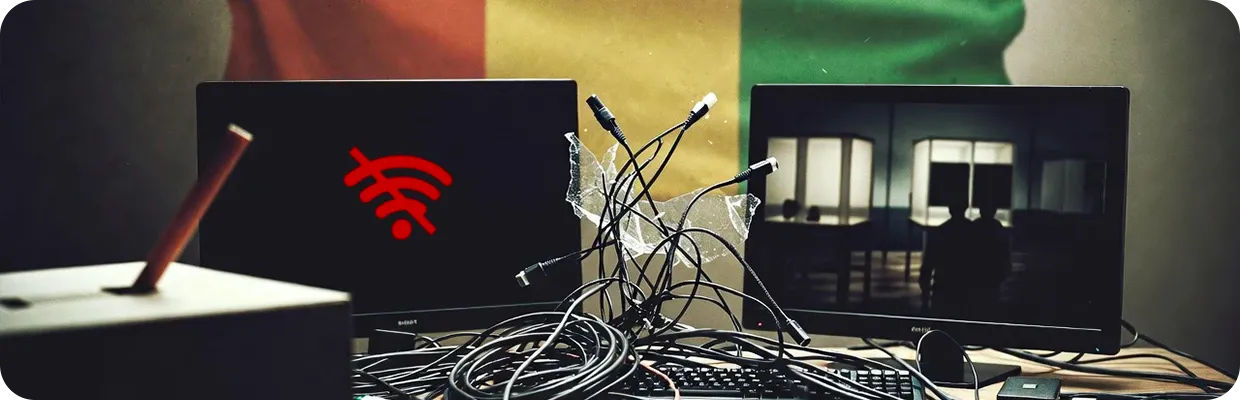 Computer monitors showing no connection with cut wires laying nearby and a Republic of Congo flag in the background