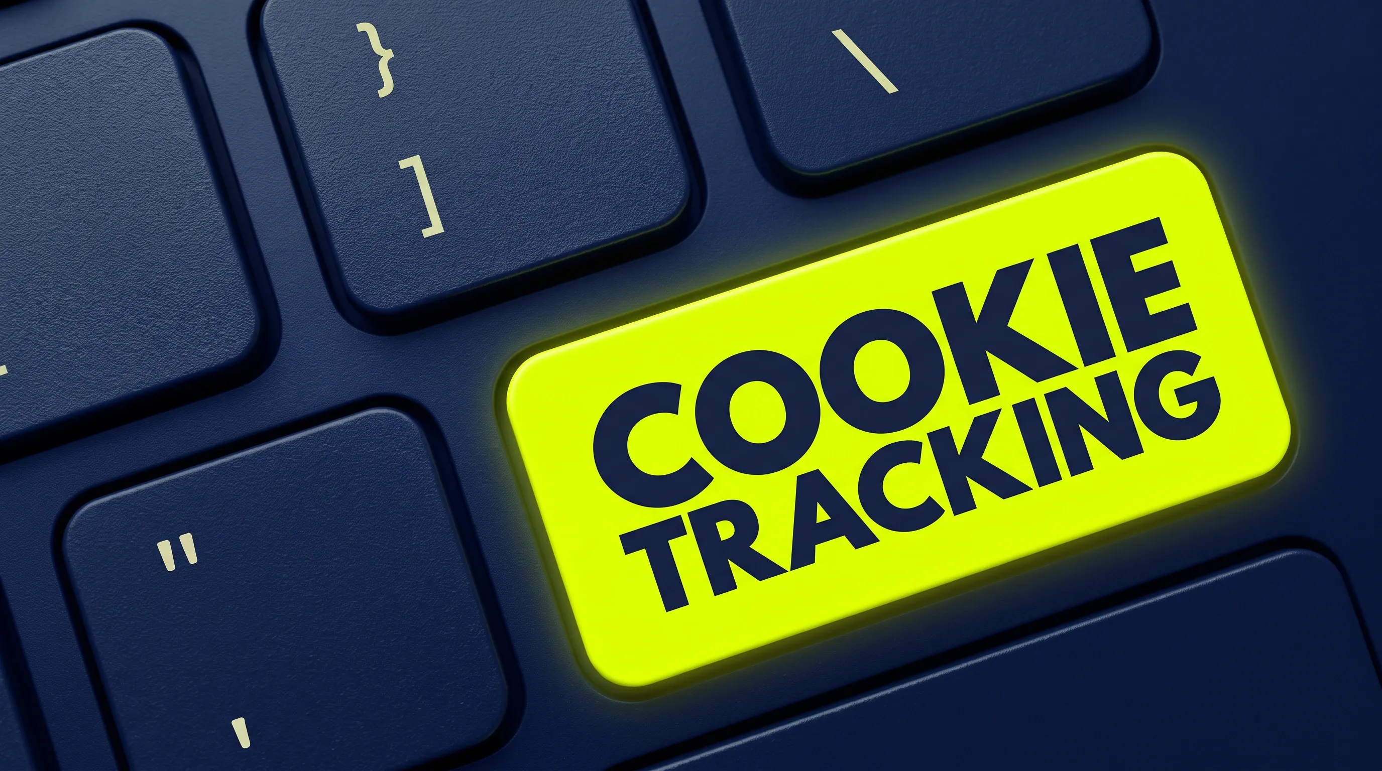 A navy blue keyboard with a neon yellow "Cookie tracking" button