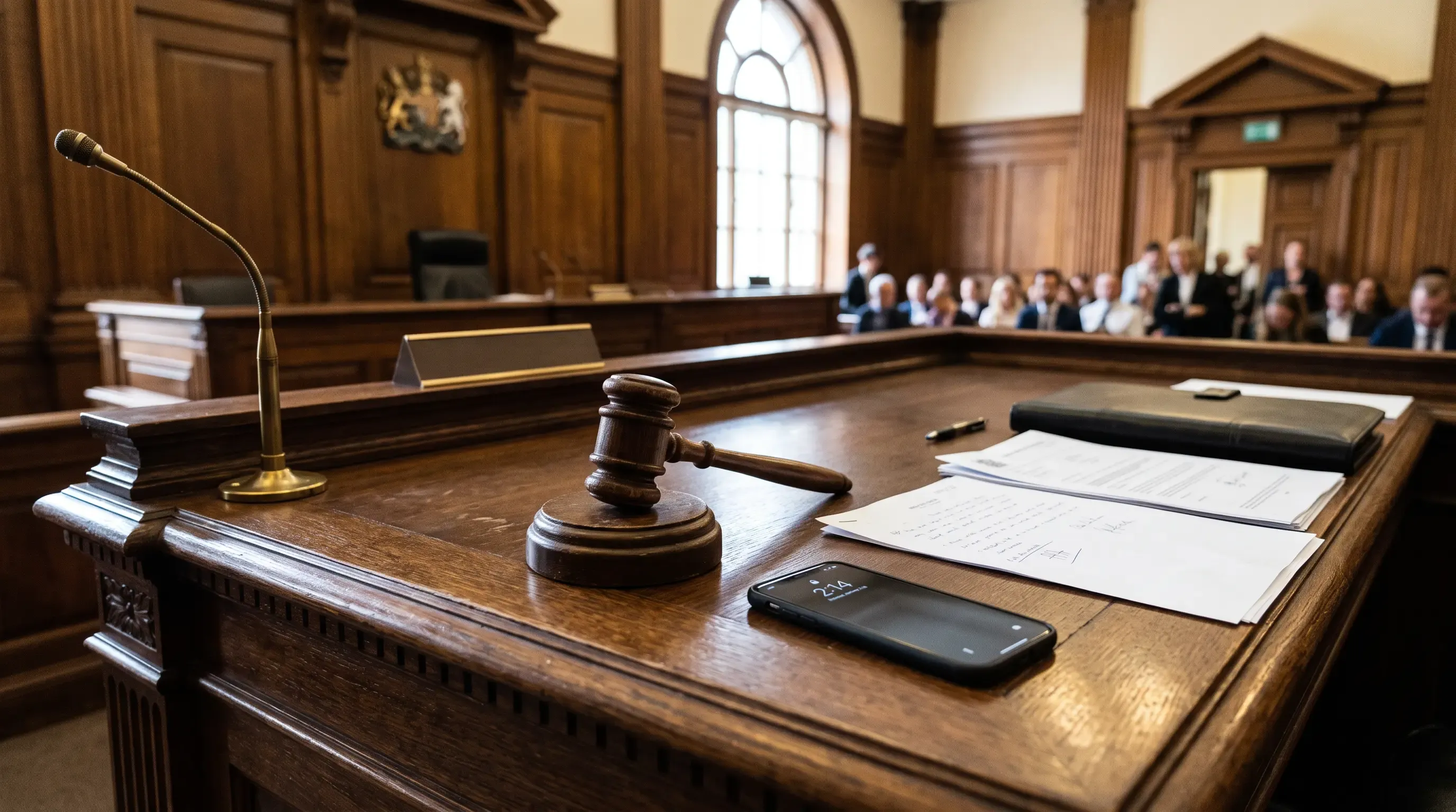 A court judge's table with a gavel, a phone, and papers.