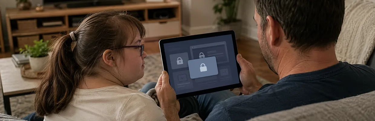 A father and daughter use a tablet