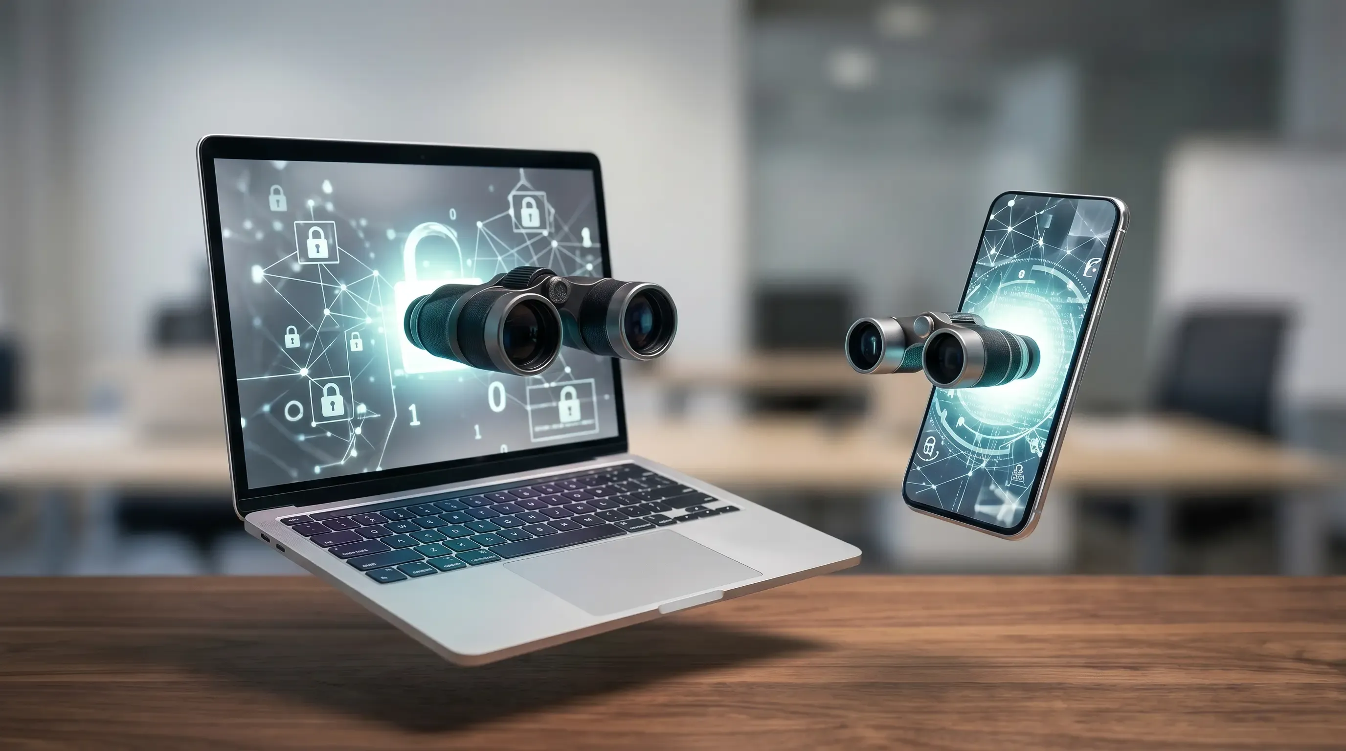 A photo-realistic image of a laptop and a phone spying on each other with binoculars