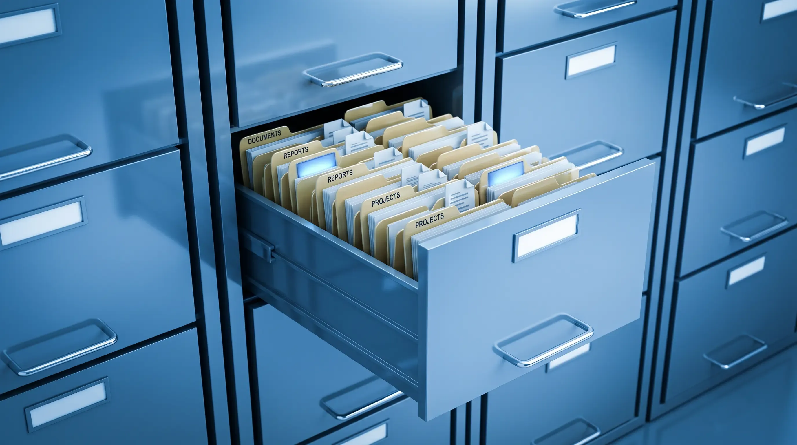 An open file cabinet overflowing with document folders