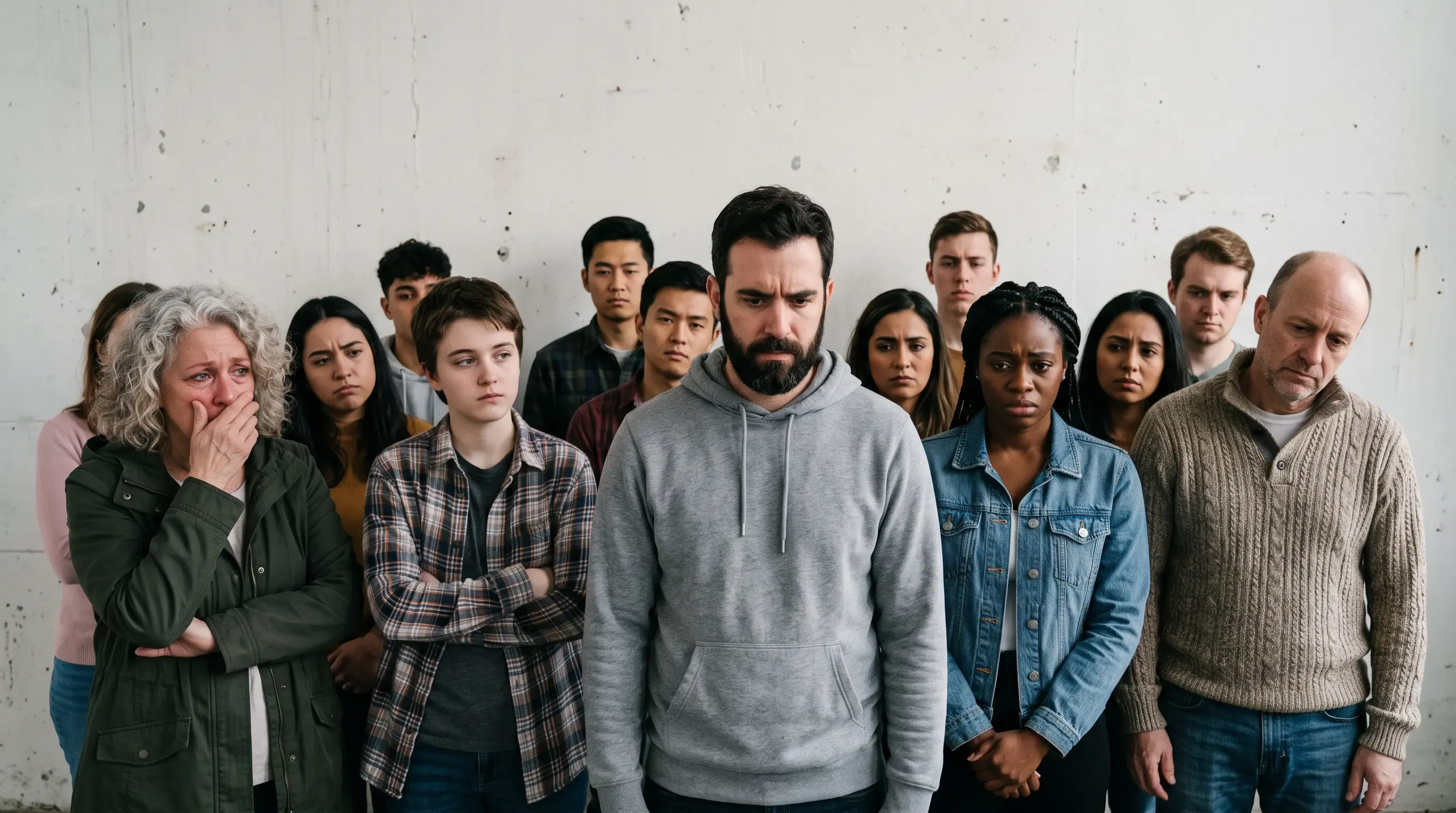 A diverse group of people standing against a blank wall