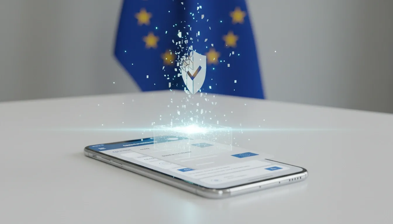 A smartphone on a table in front of an EU flag is showing an age verification app being hacked