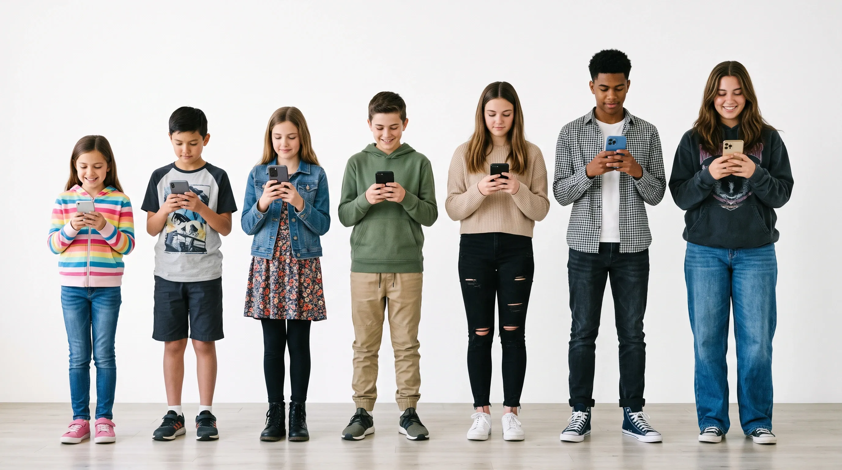European children using social media against a white wall