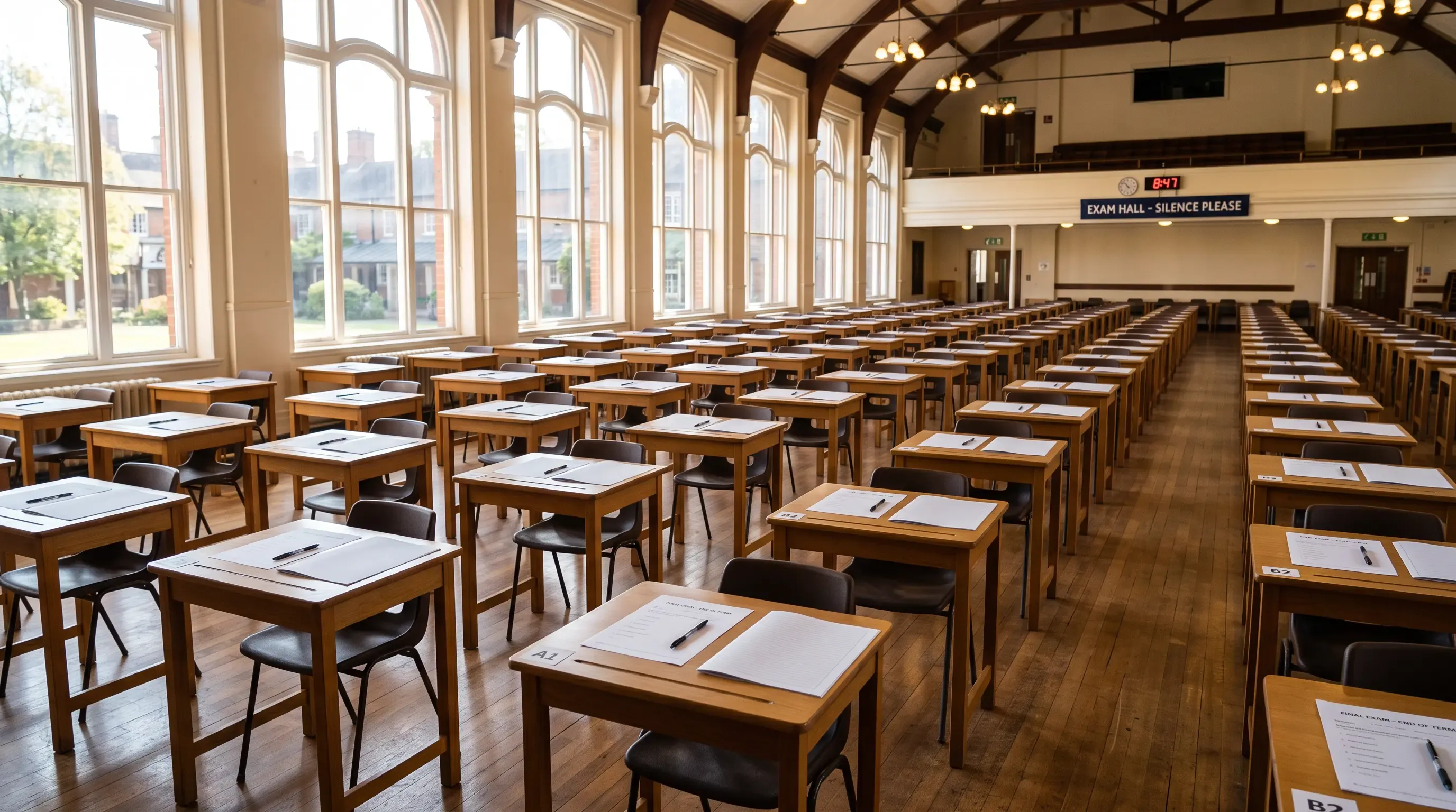 Rows of school desks with exam papers in an empty, sunlit exam hall.