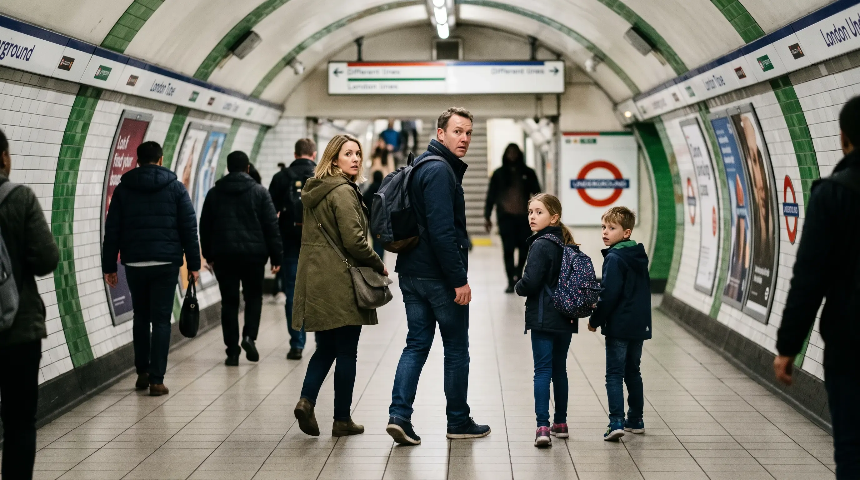 A family walking the London Underground looks over their shoulders