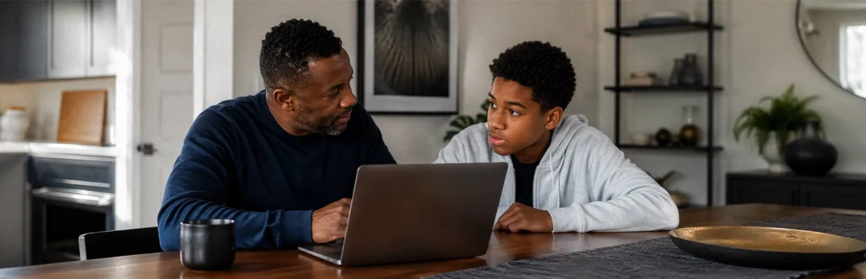 A father and his teenage son using a laptop together