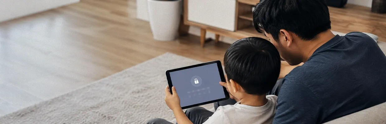A father and son using a tablet in their living room