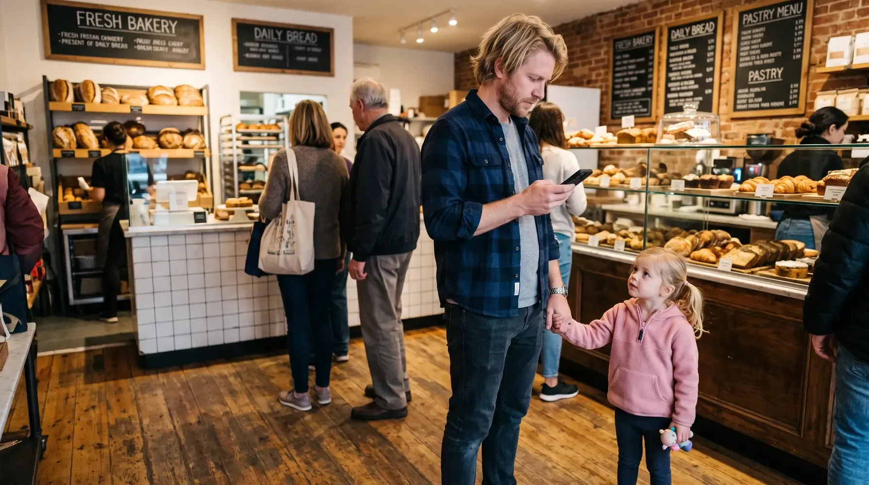 A blond man reads his phone while his daughter holds his hand in line at a bakery.