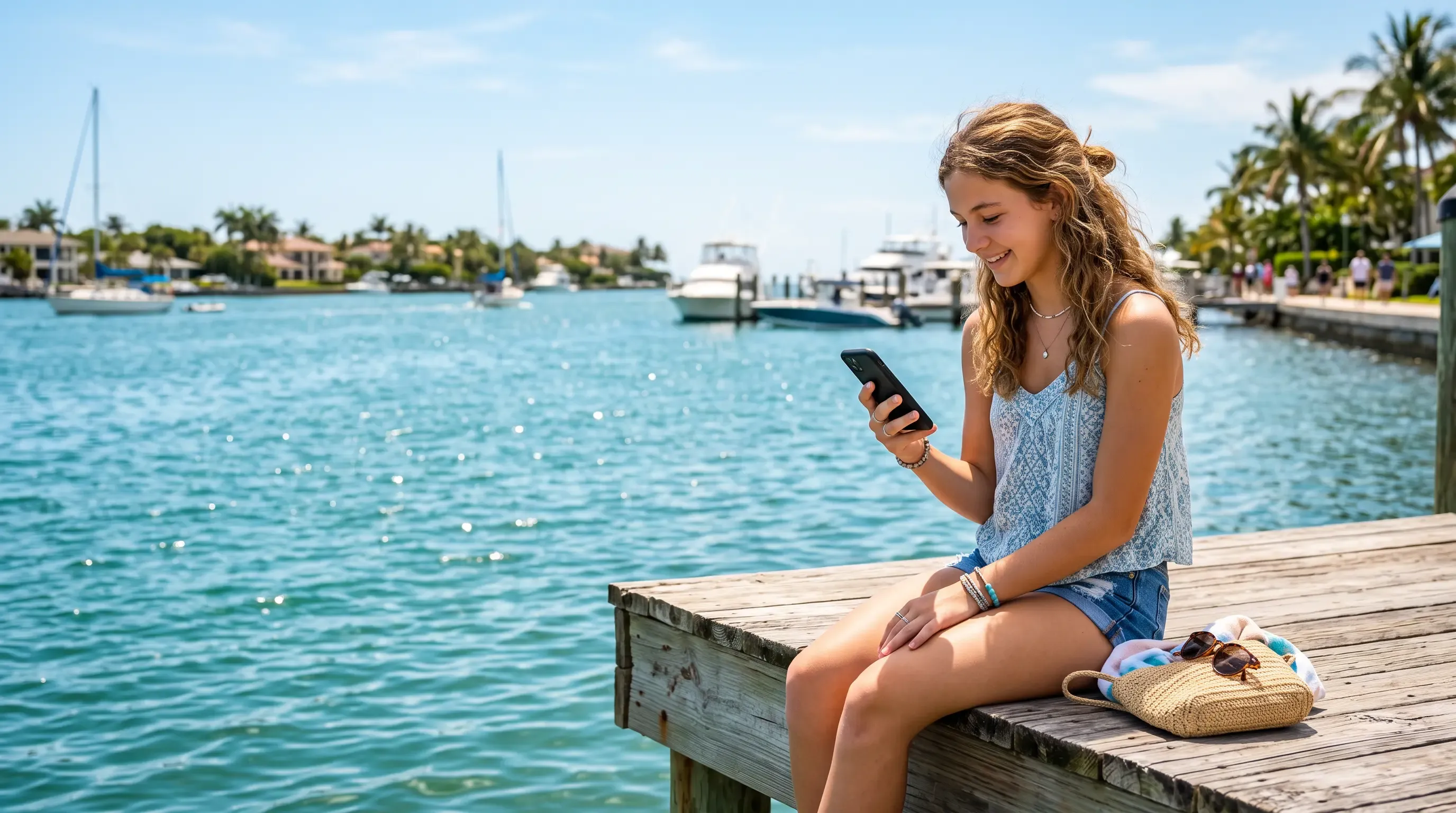 A Florida teen girl using her phone by the water on a sunny day.