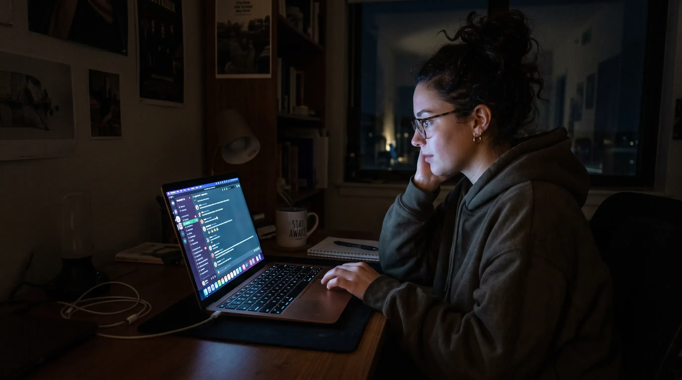 A person at a desk lit by a monitor, scrolling through a group chat on a laptop late at night.