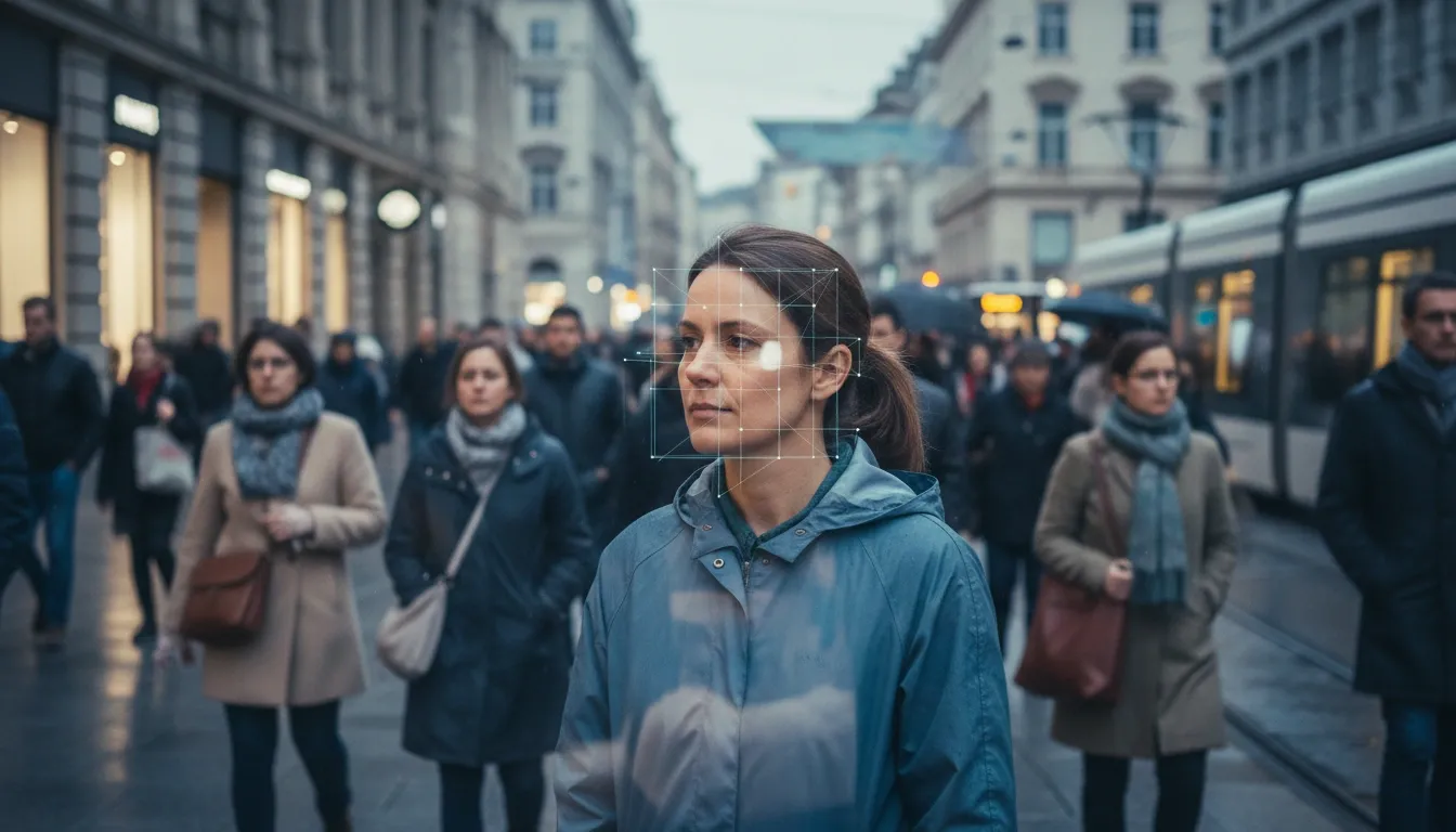 People walking the street of German city while the woman in front unknowingly has her face biometrically indentified
