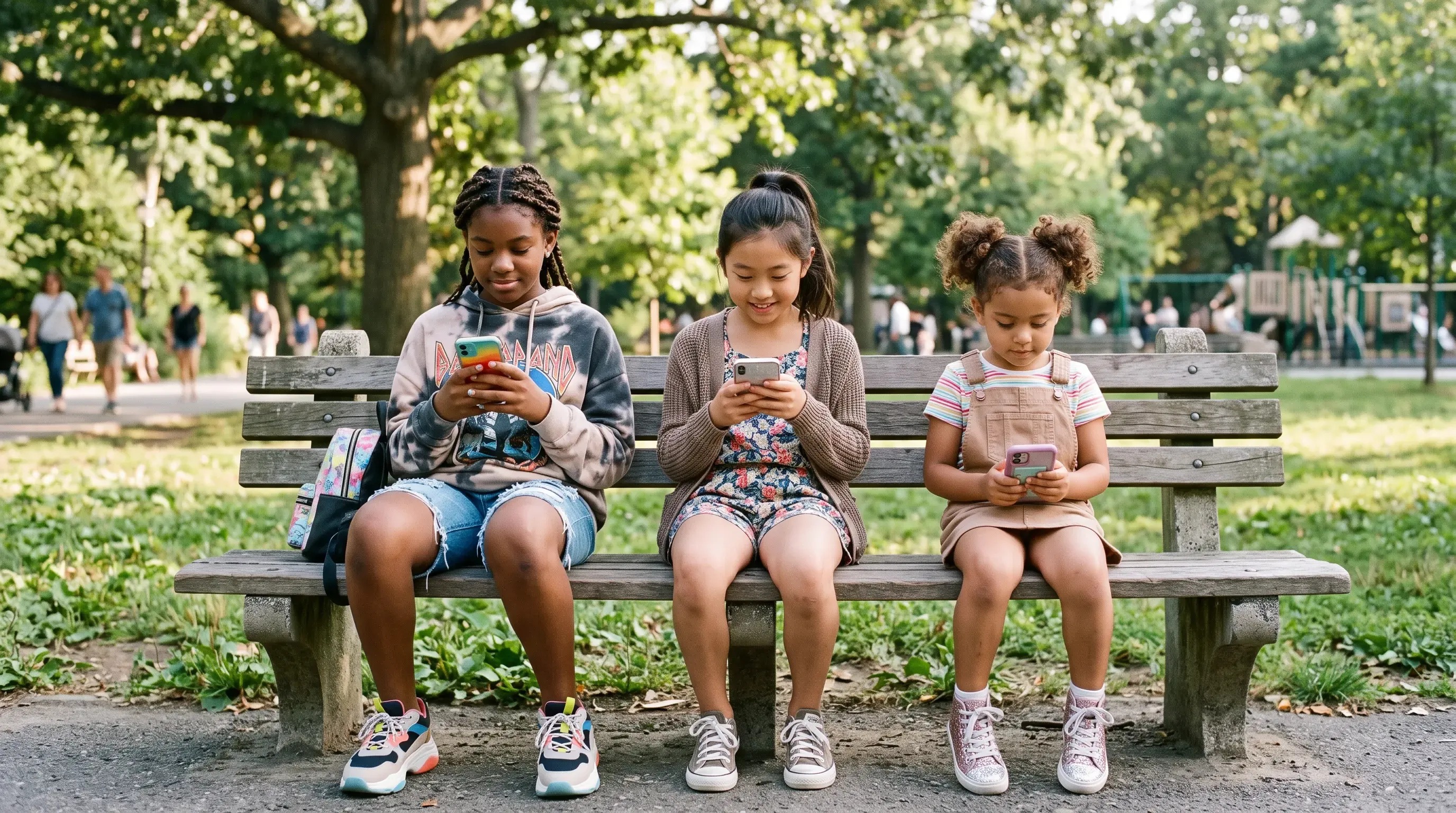 Three young girls using phones in the park
