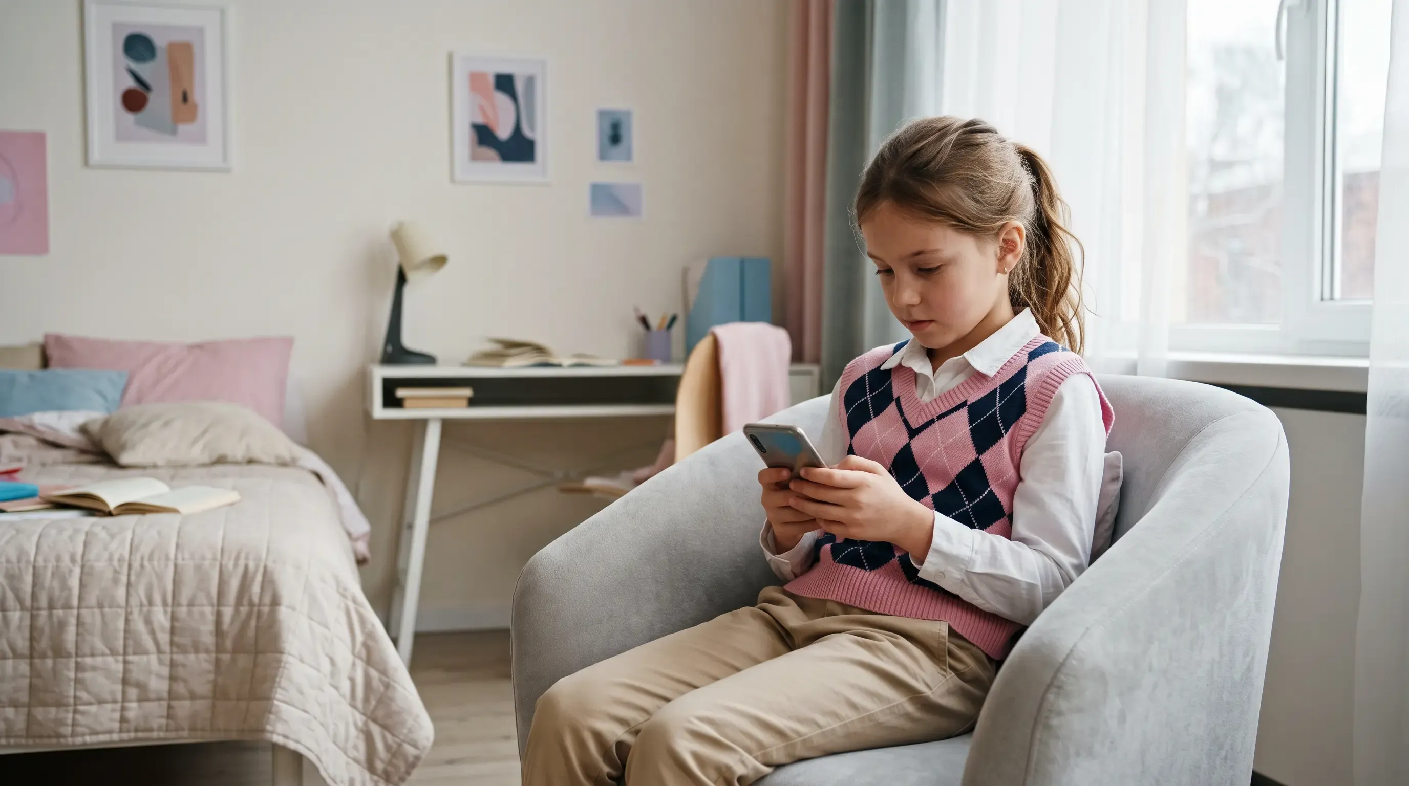 A little girl uses her phone in her girly bedroom.