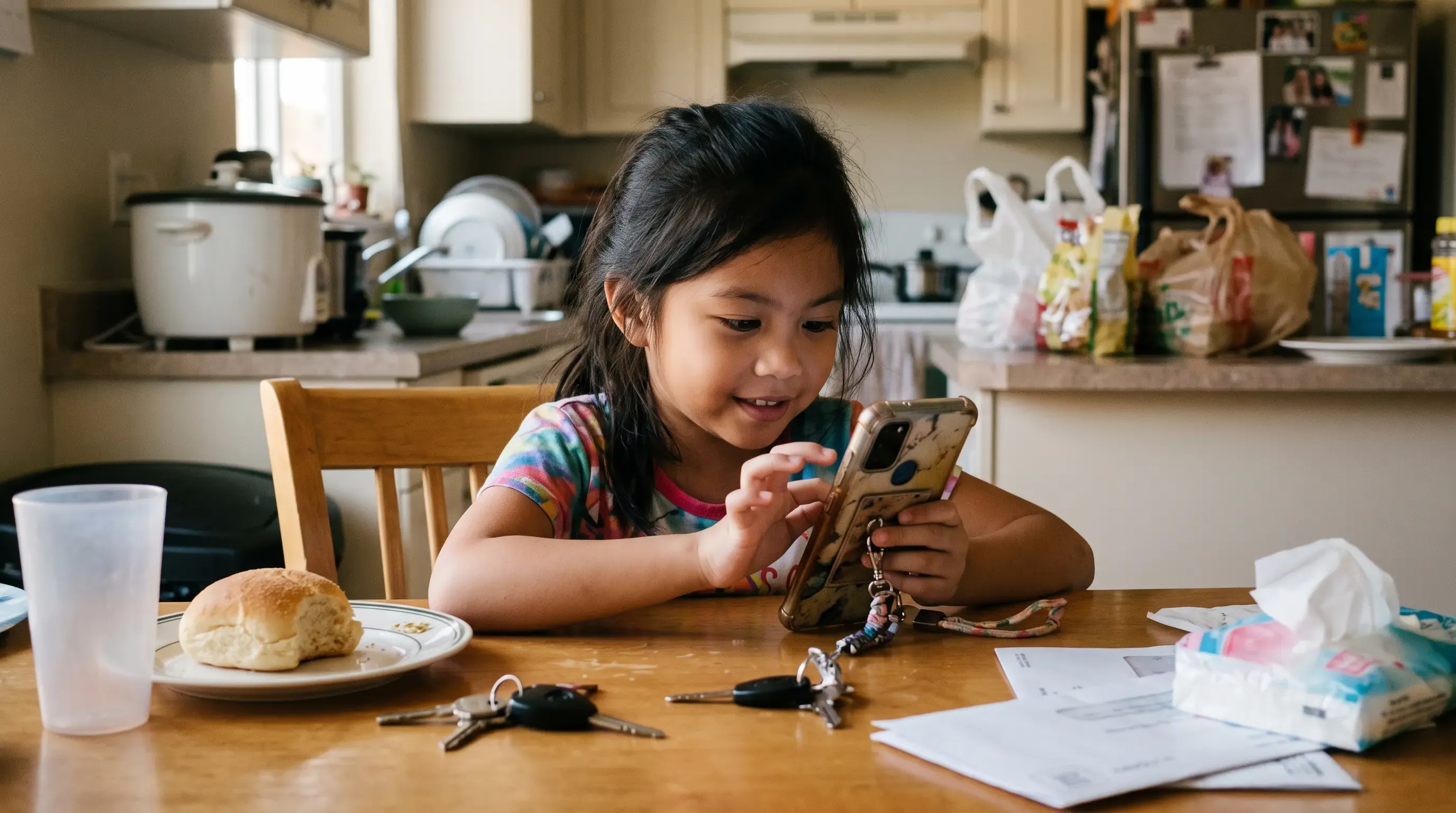 Little girl using her mom's phone at the kitchen table.