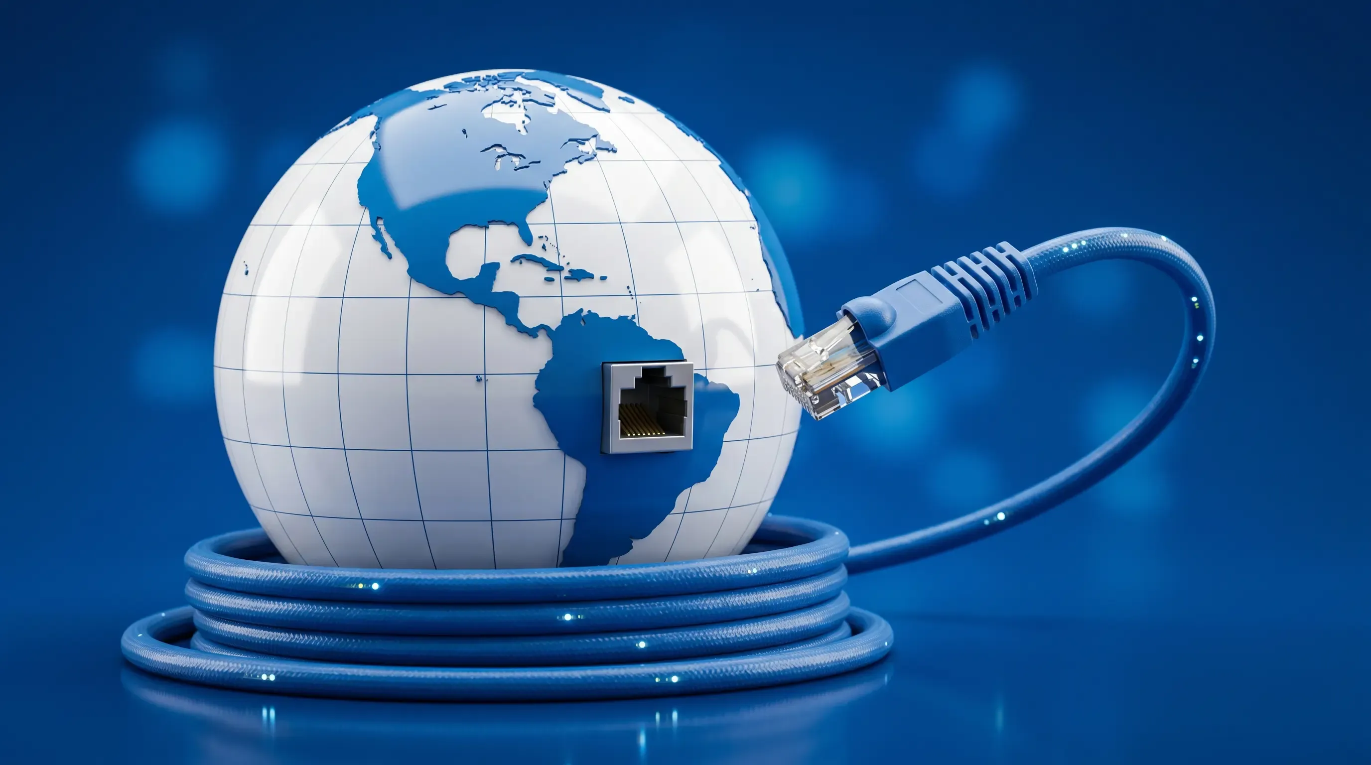 An image of a blue and white globe with an Ethernet cable connecting to where Latin America would be