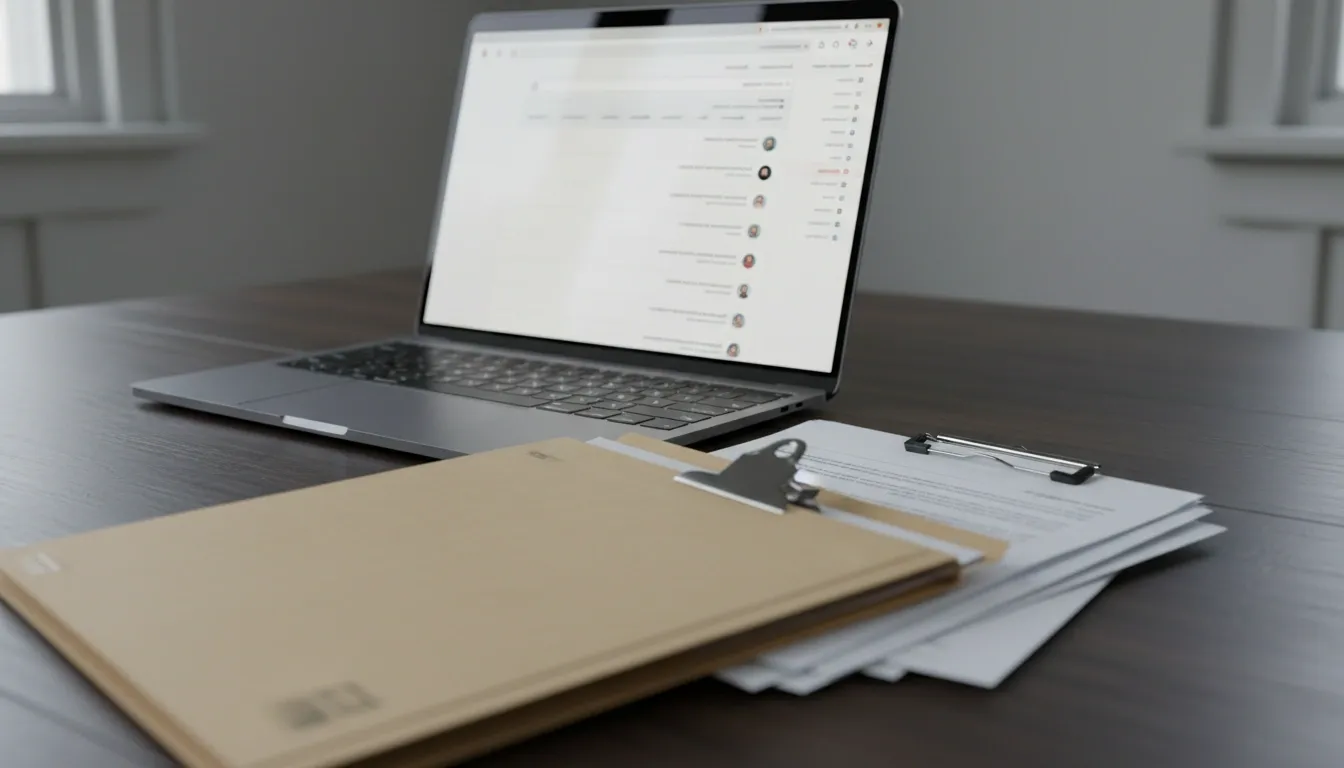 Laptop with an inbox open and legal files laying next to it