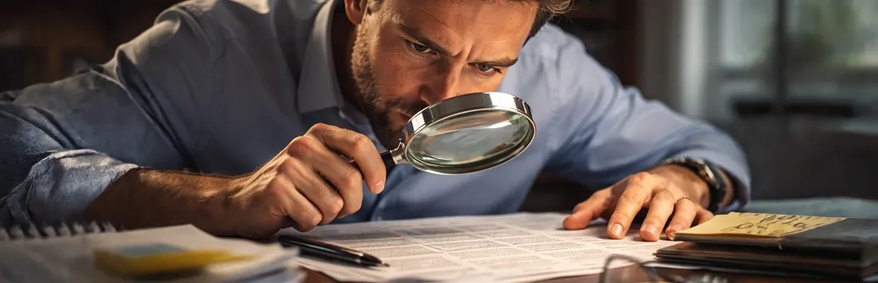 Man uses a magnifying glass to have a better look at the text he's reading and fact check it