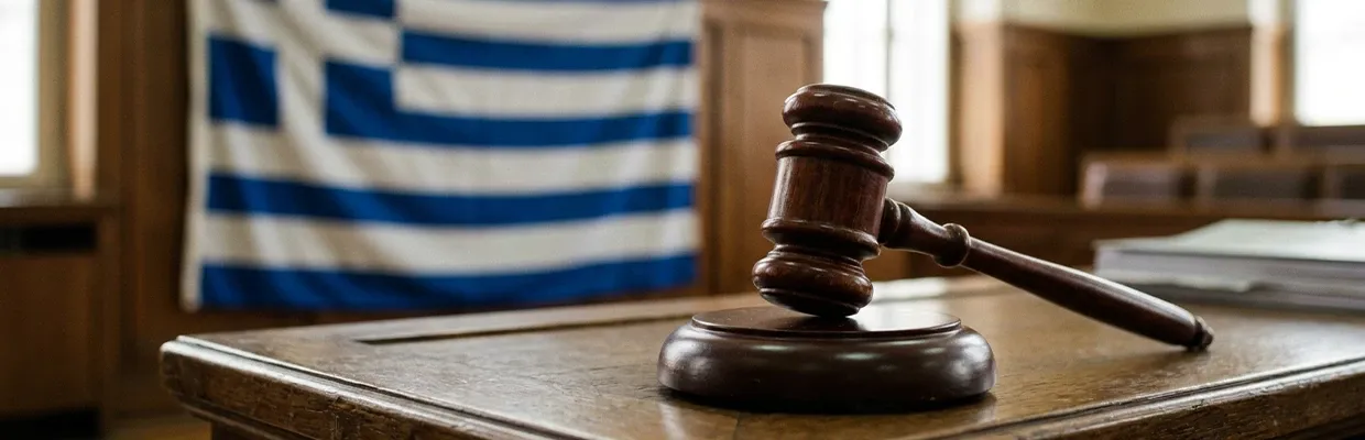 A courthouse with the Greek flag in the background