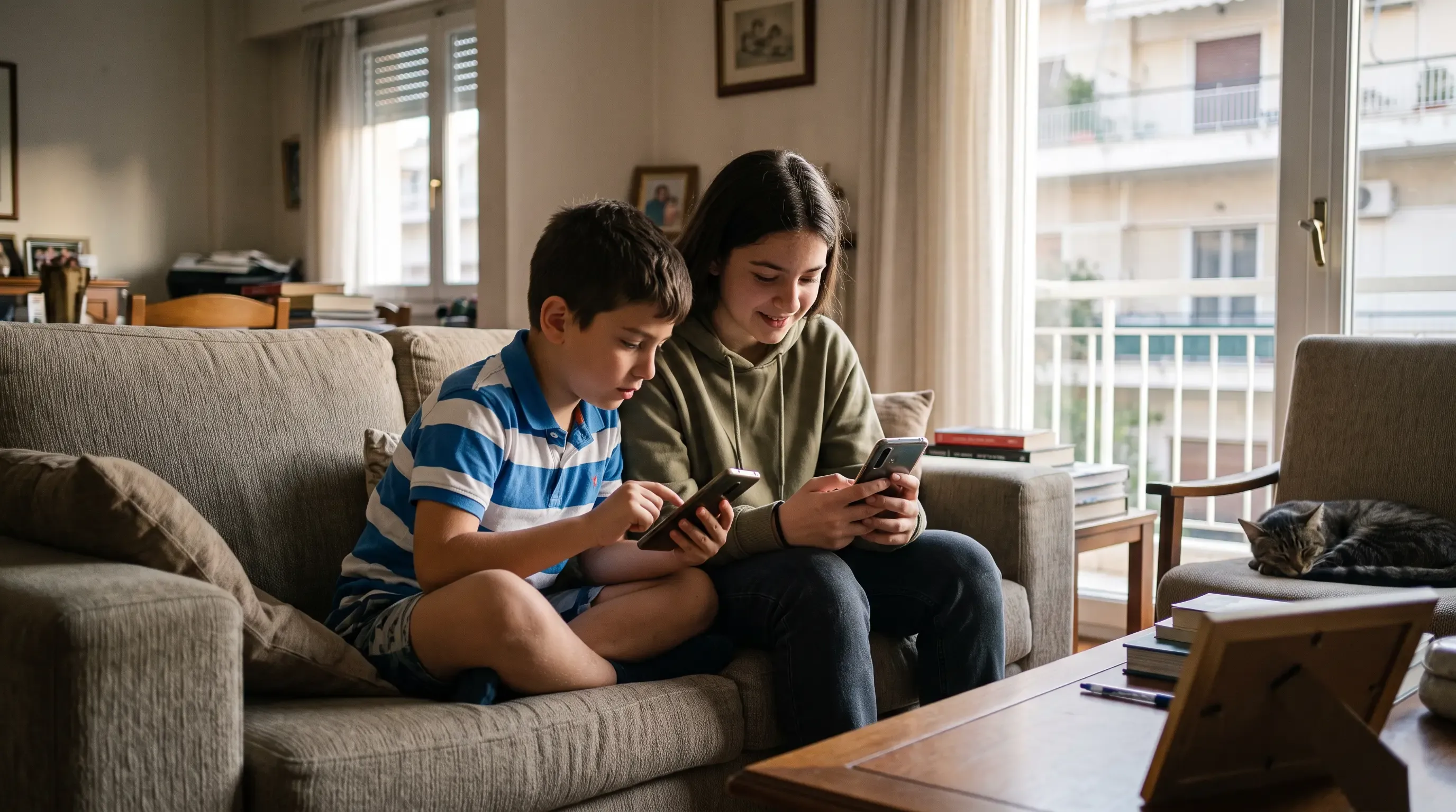 Greek siblings using their phones on a sofa.