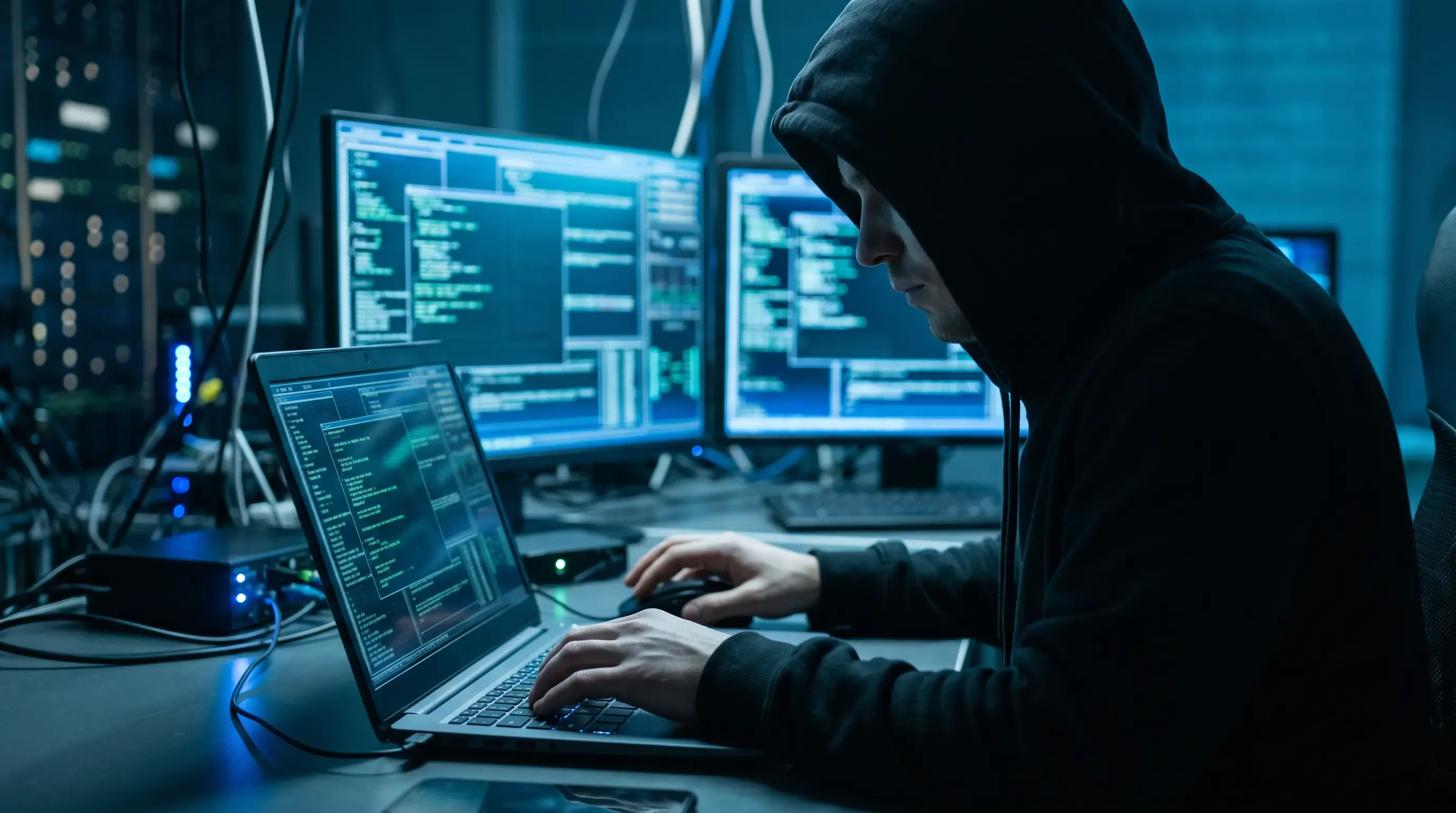 A hacker in a hoodie using his laptop next to many monitors