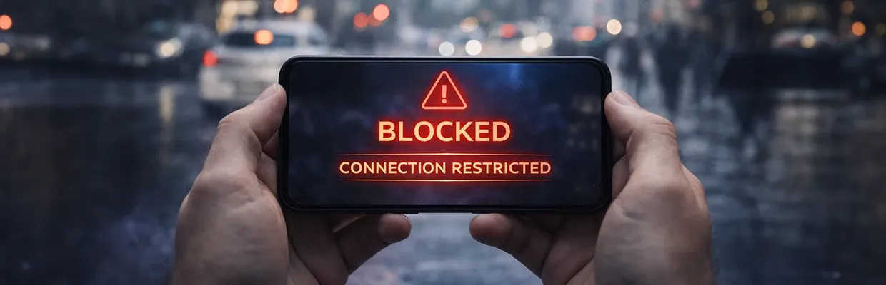 An image of a pair of hands holding a phone with the words "Connection restricted" shown on the screen