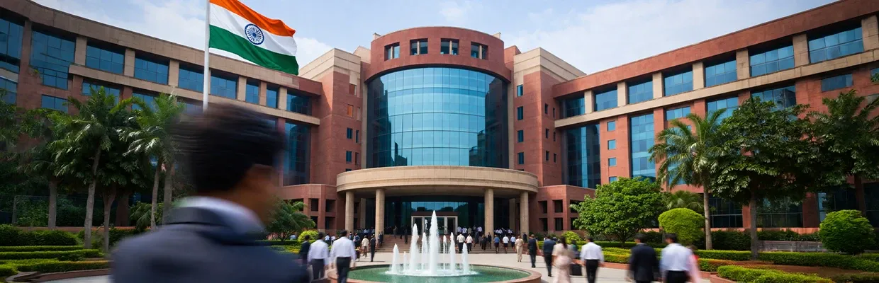 People in India walking near Indian government building