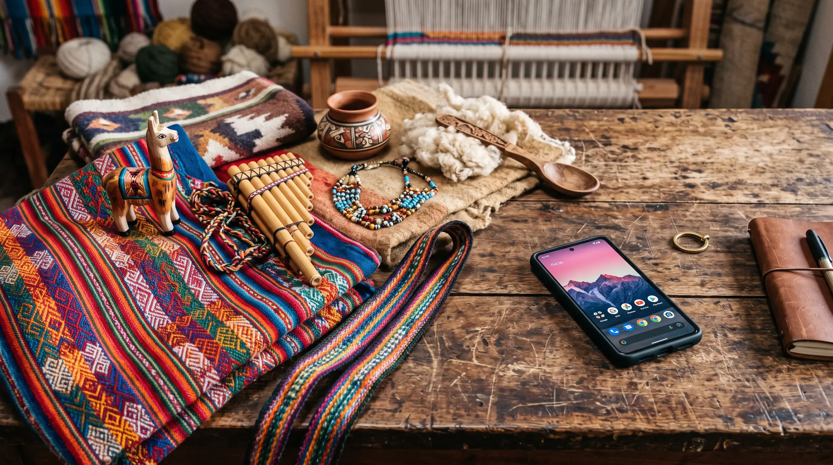 Colorful handwoven Indigenous textiles and traditional craft objects arranged beside a modern smartphone on a worn wooden surface.