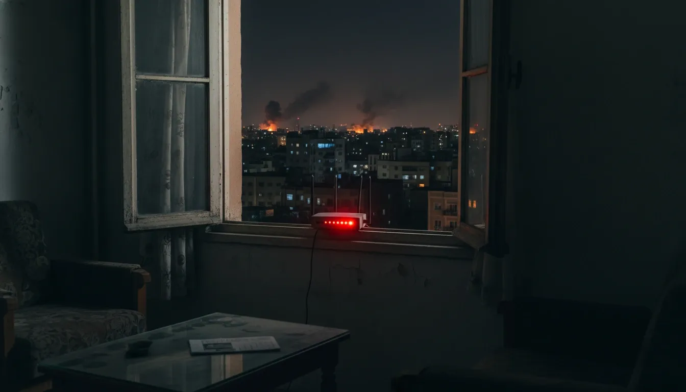 A scene from inside an apartment in Tehran where the fire smoke can be seen outside and a router sits at the window showing no internet signal, indicating a blackout