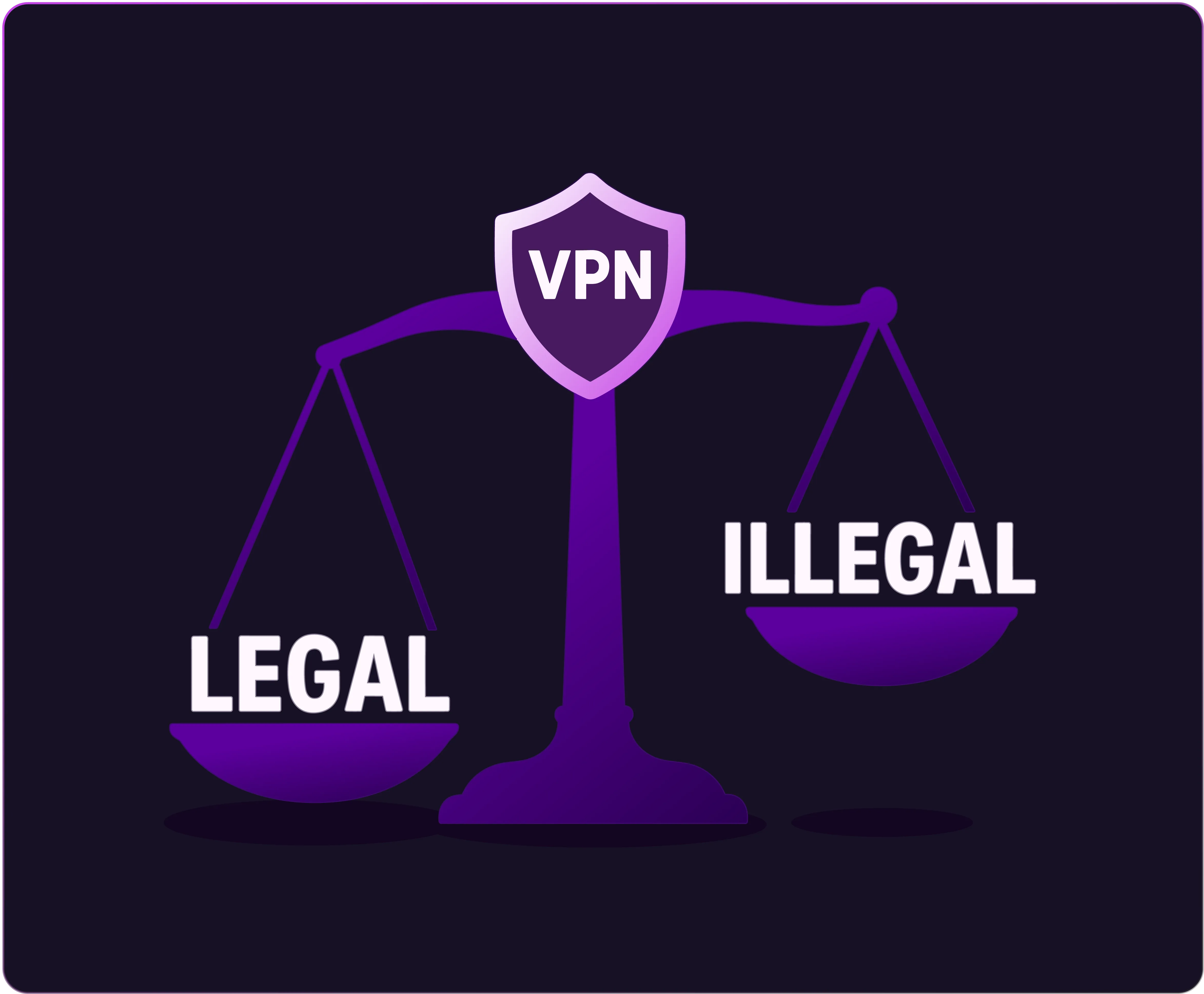 A justice scale weighing whether VPN is legal or illegal.