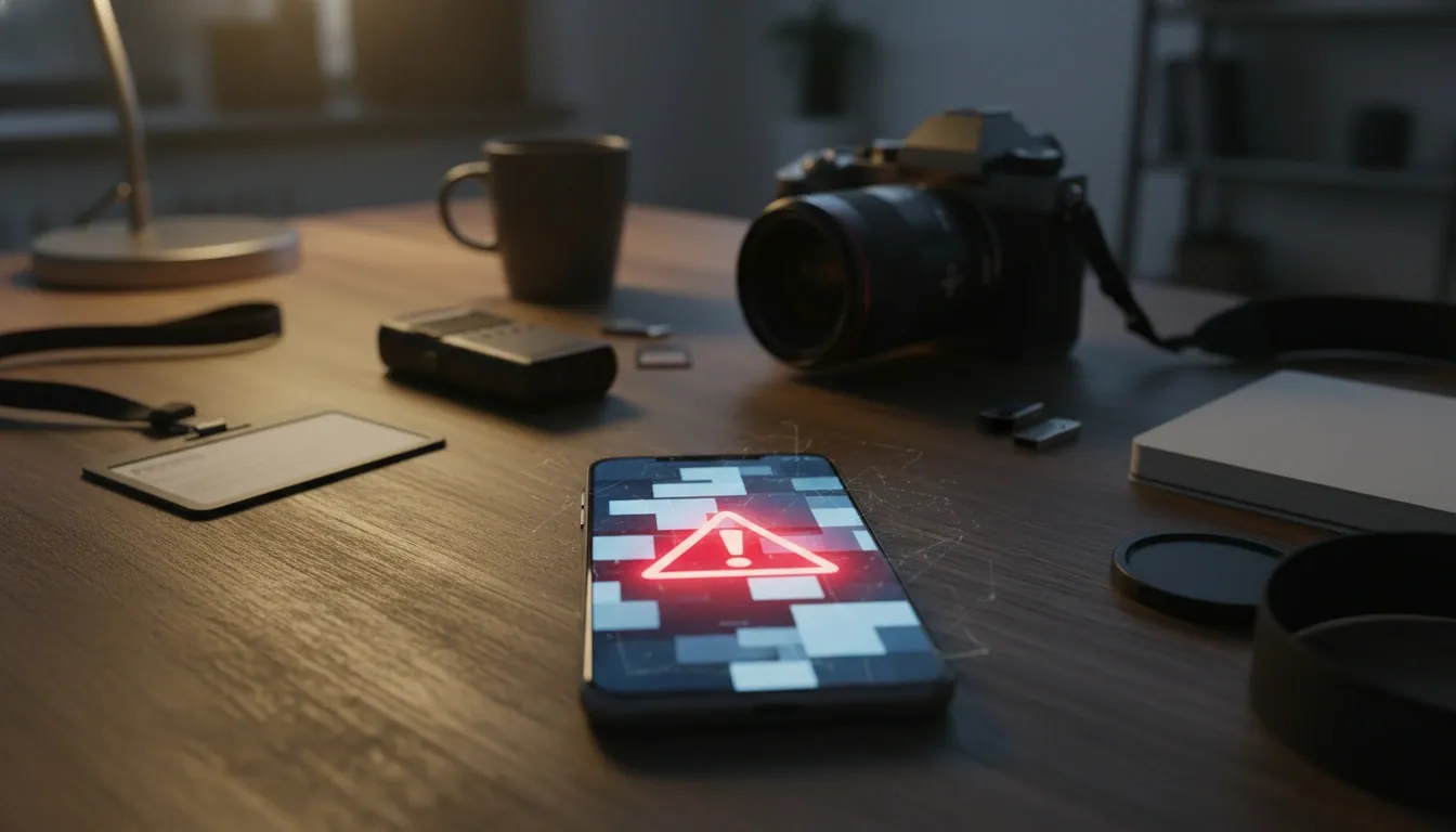 Journalist's inventory lies on the table with the phone displaying a warning sign due to being hacked