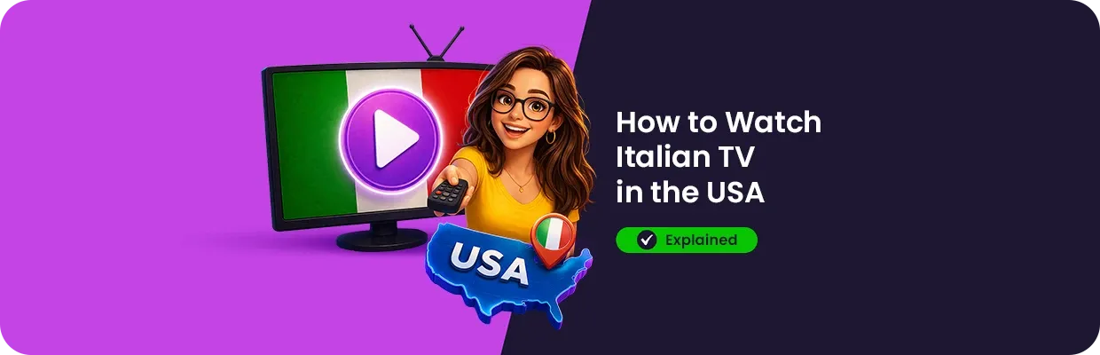 An illustration of a woman in the USA trying to watch Italian TV