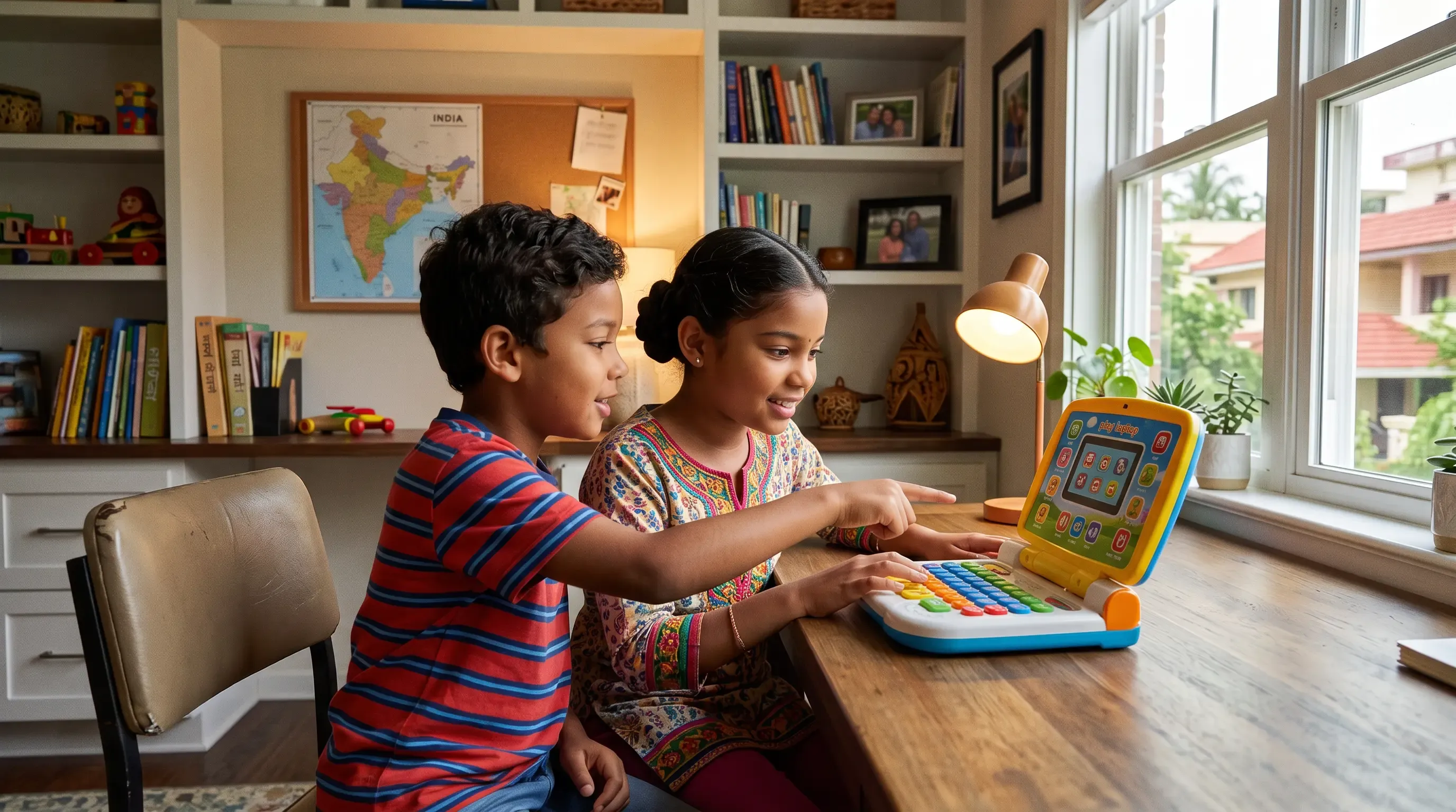 Children using a play laptop in their room.