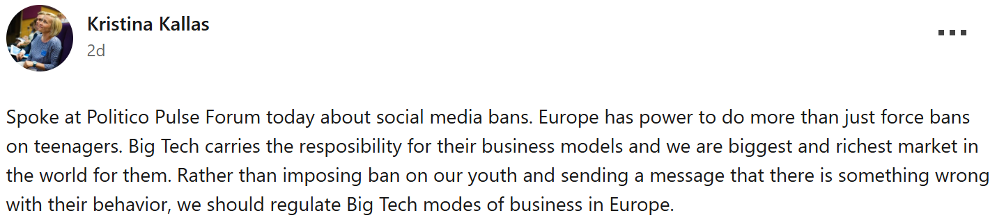 Kristina Kallas' LinkedIn post saying how governments should target Big Tech instead of banning social media